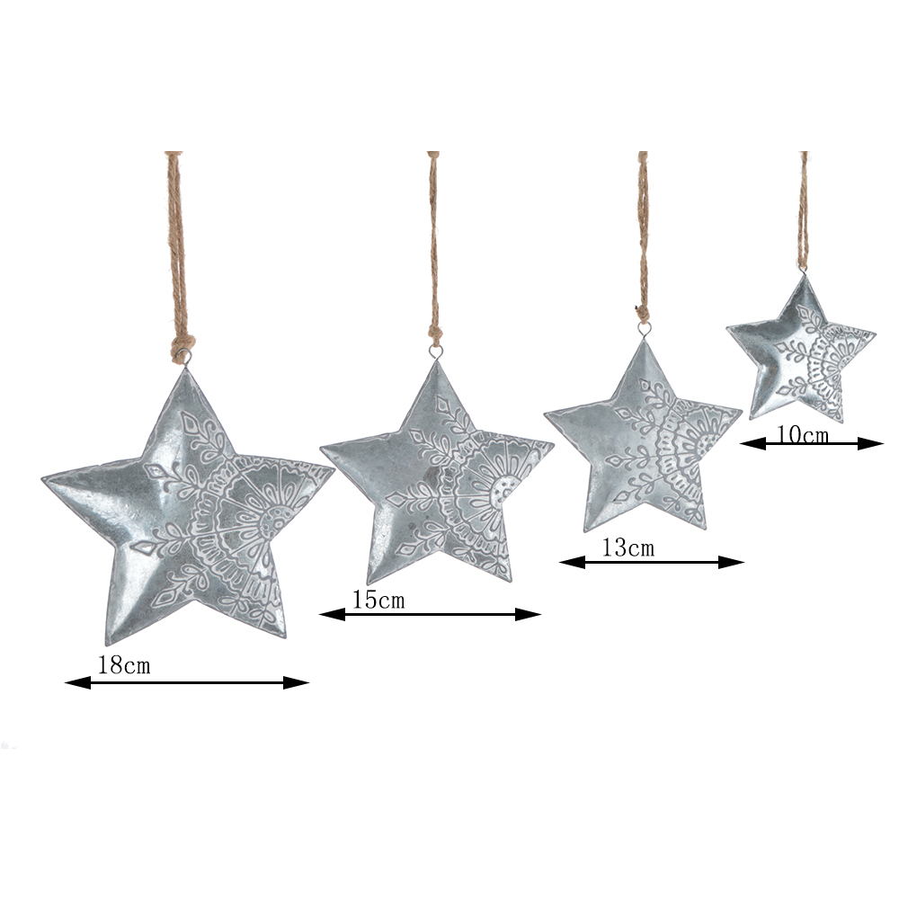 Colgantes navideños de metal plateado con forma de corazón y estrella para árbol, ideales para decorar fiestas de Año Nuevo. 10