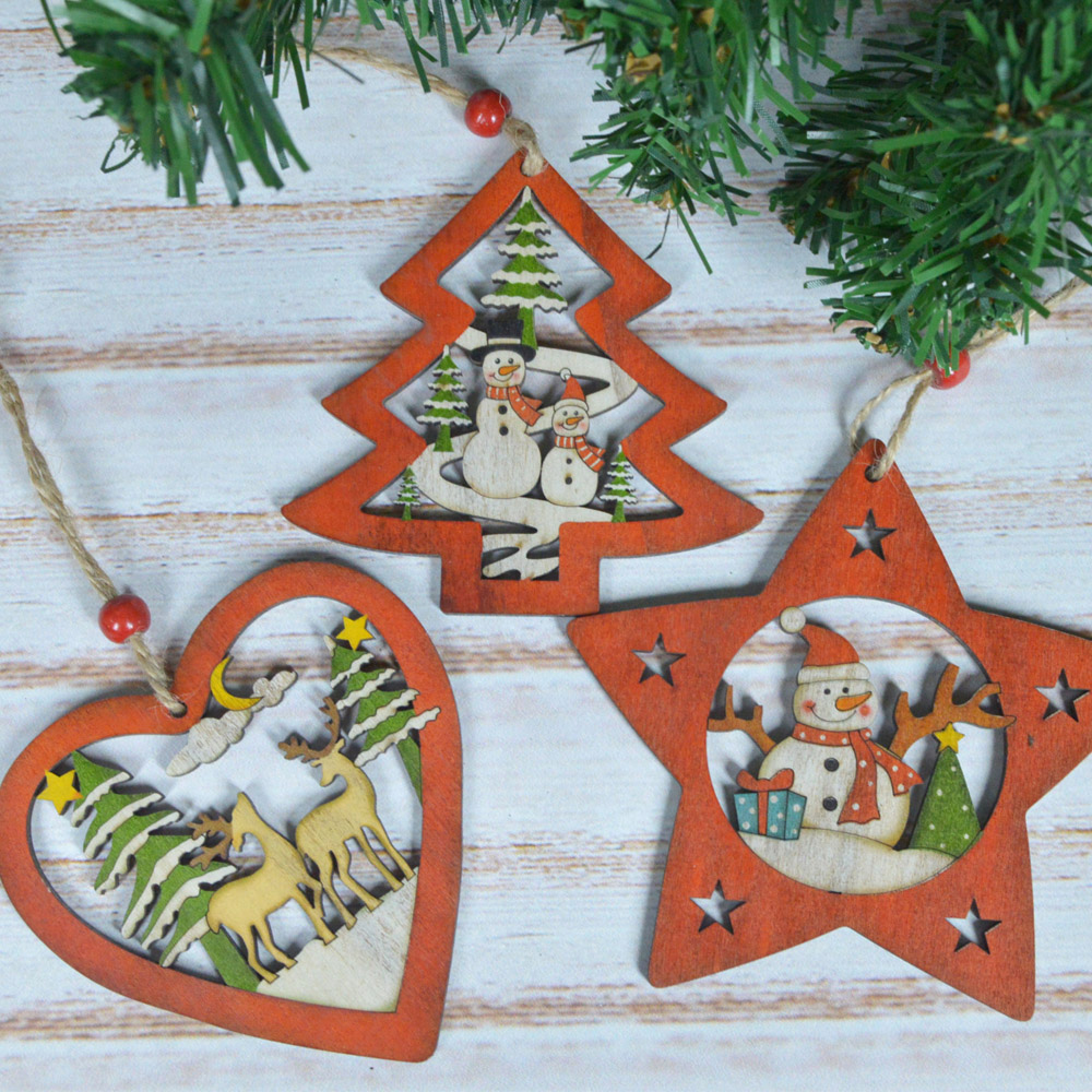 Adornos de madera para la escena de la Natividad, colgantes para el árbol de Navidad con diseño de agujeros. 5