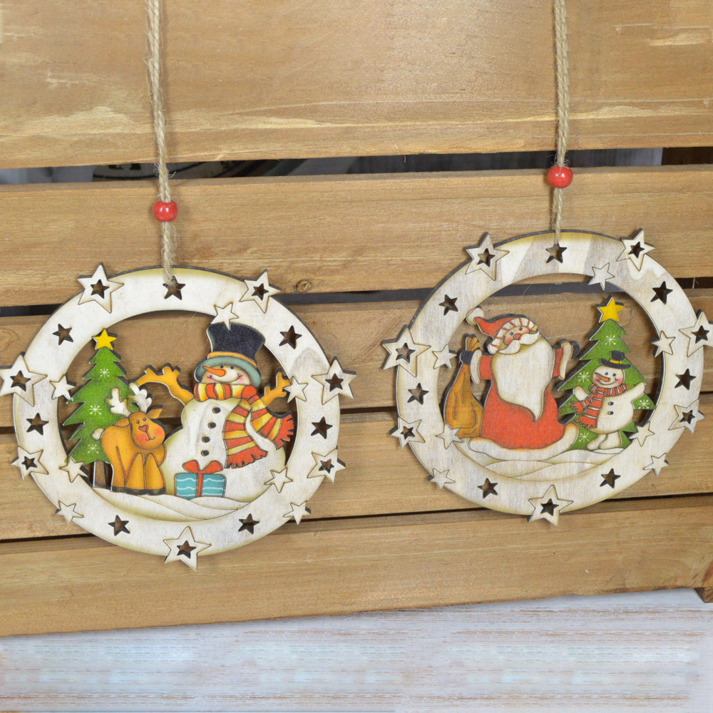 Adornos de madera para la escena de la Natividad, colgantes para el árbol de Navidad con diseño de agujeros. 7