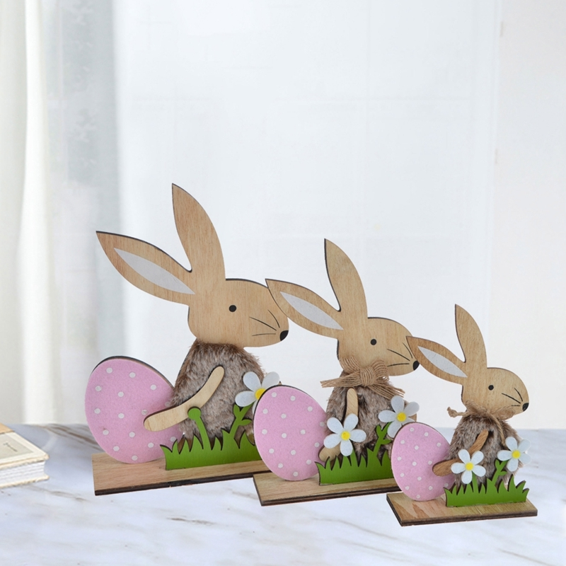 Adorno de mesa de Pascua de madera con luces, 18 cm, huevos de conejo de Pascua brillantes, decoración para el hogar, interior, conejo de madera. 1