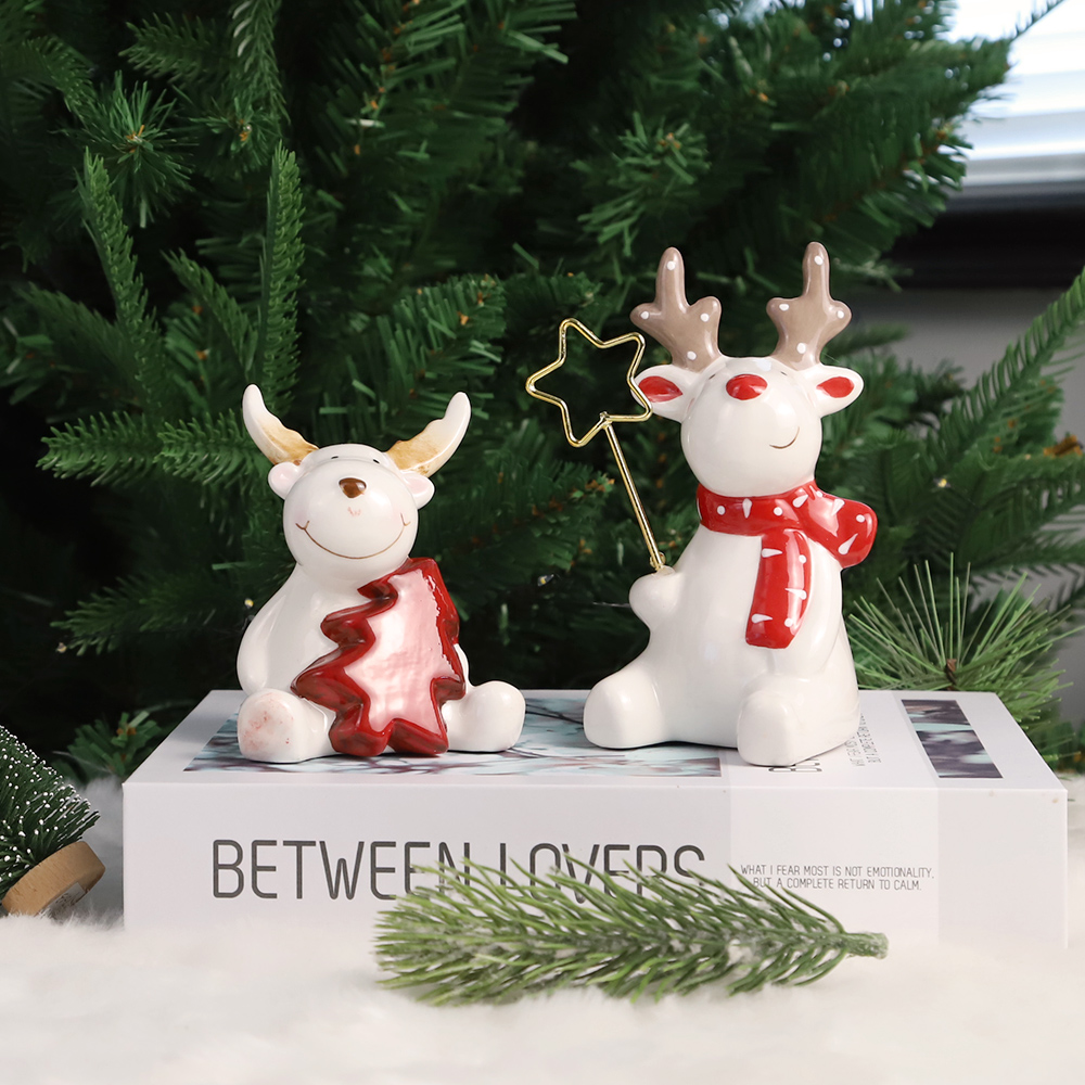 Nordic Hause Dekoration Niedlichen Cartoon Figurine Keramik Weihnachten Schneemann Rentier Figuren 6