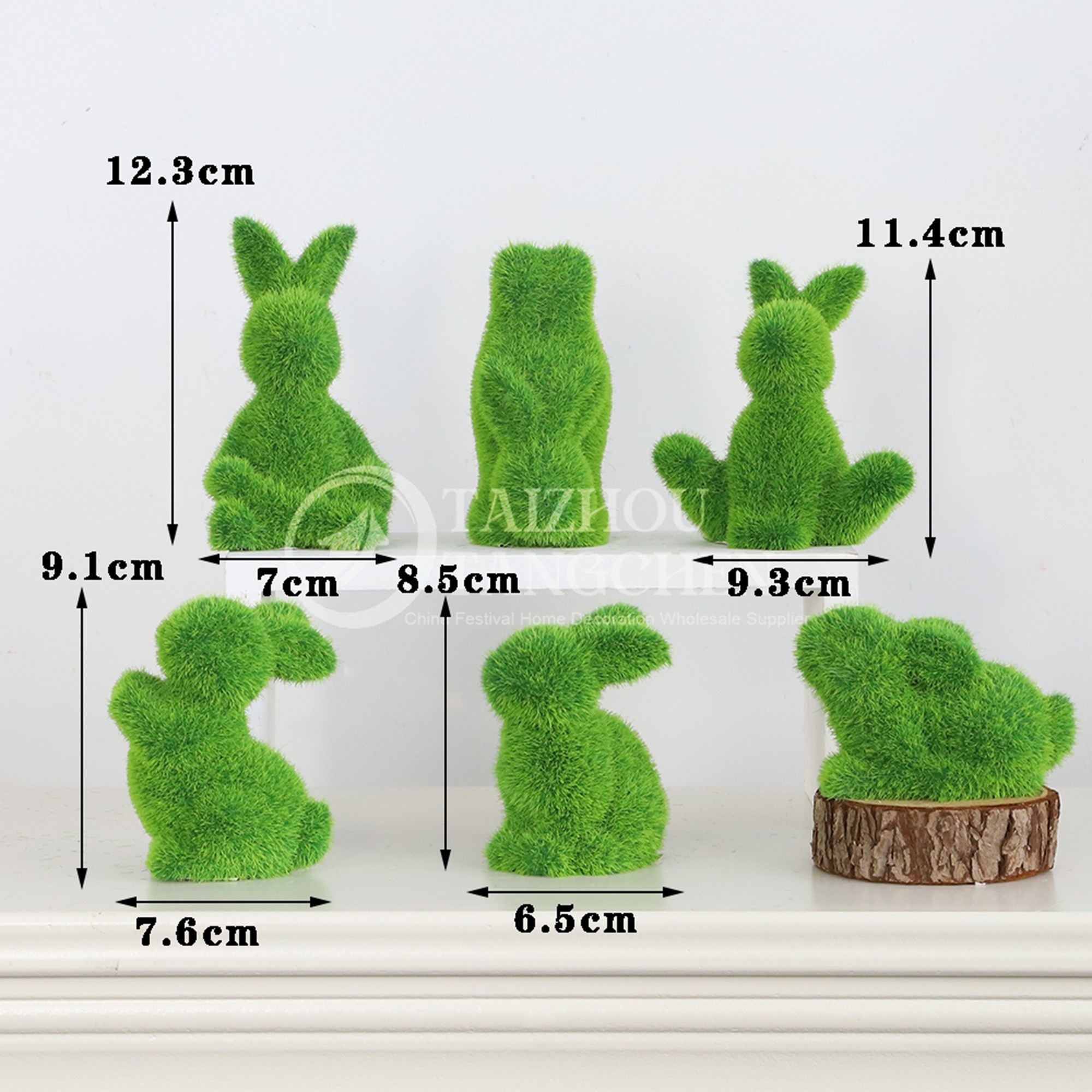 Decoración de mesa de interior de primavera de pascua lindas figuras de conejito musgo artificial verde escultura 7