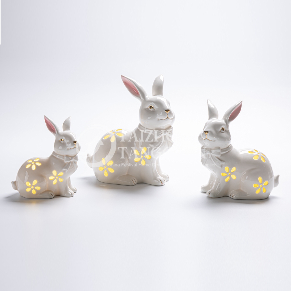 Centros de mesa de mesa de oficina en casa decoraciones de lámpara de conejito de pascua de pascua figura de conejo de porcelana 3