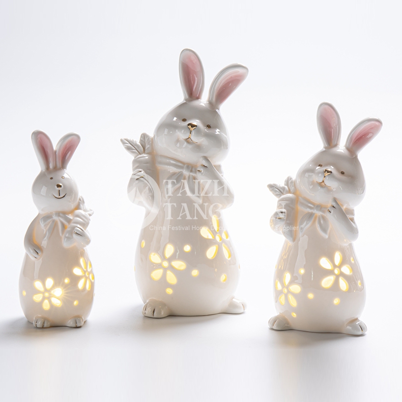 Centros de mesa de mesa de oficina en casa decoraciones de lámpara de conejito de pascua de pascua figura de conejo de porcelana 6