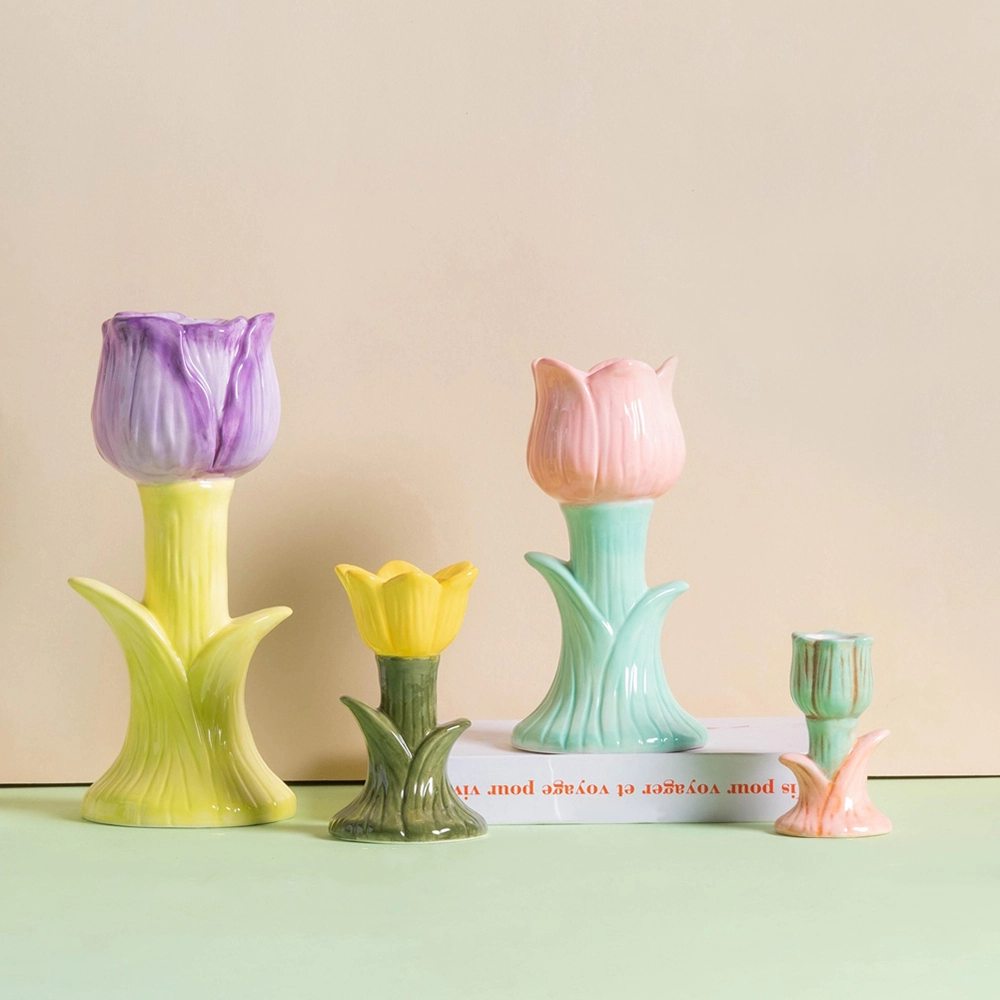 Creative Ceramic Tulip Shaped Candlestick Multiple Colors Taper Candle Holders Decoration Party Ambience Desktop Candle Cup New 1