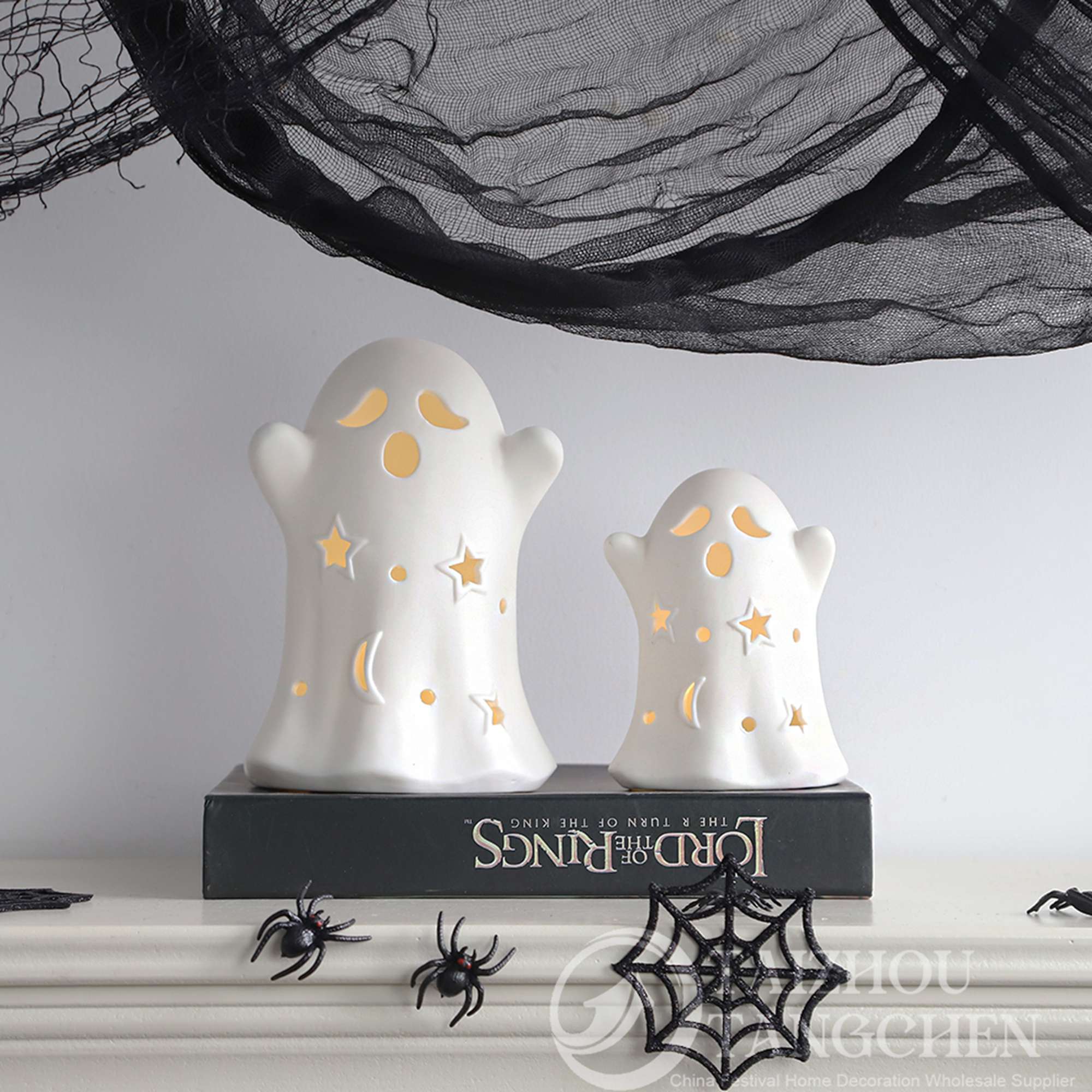 Small Ghost Statue with LED Light & Small Fabric Bat Hanging Decor- Unique Halloween Gift, Party Centerpiece 4