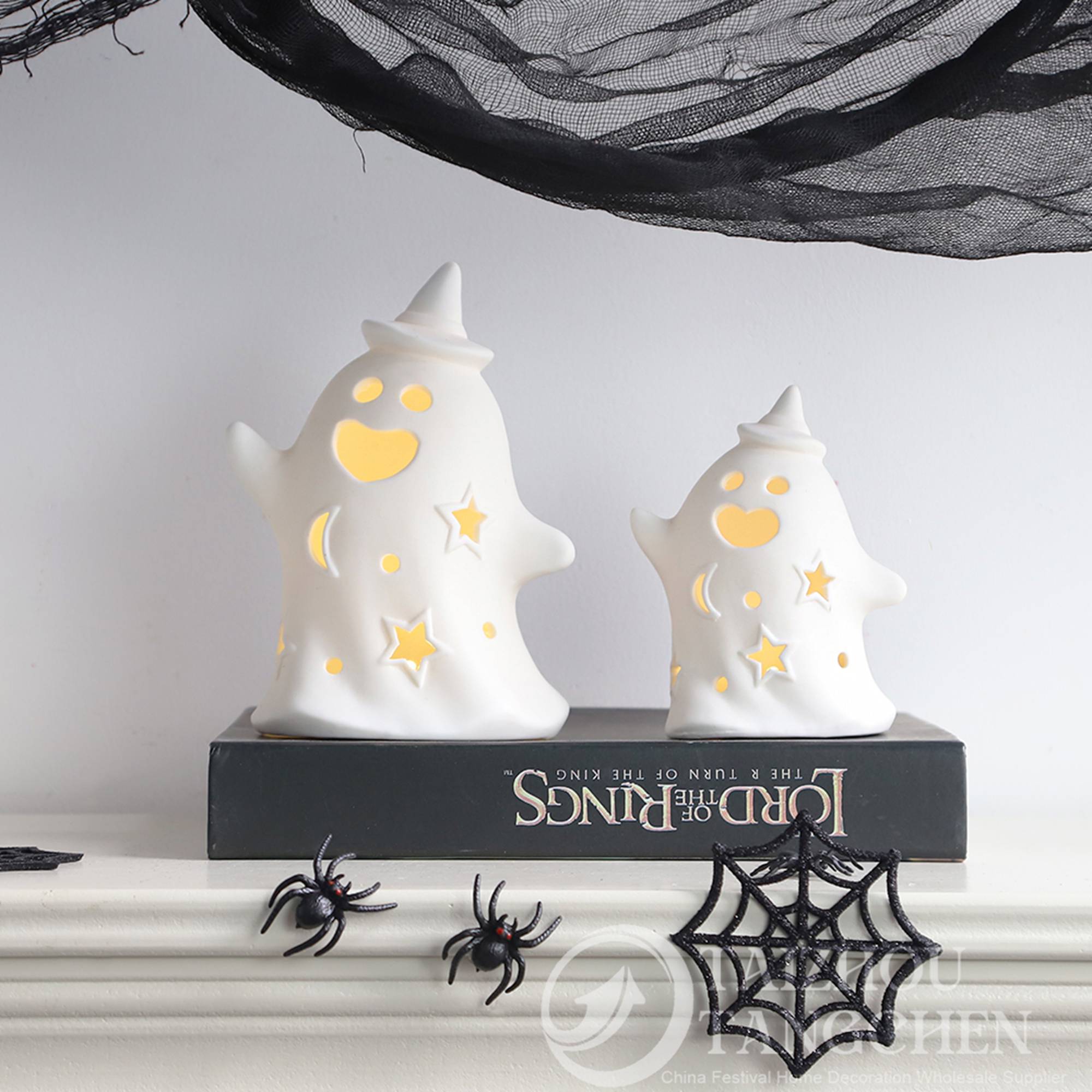 Small Ghost Statue with LED Light & Small Fabric Bat Hanging Decor- Unique Halloween Gift, Party Centerpiece 3