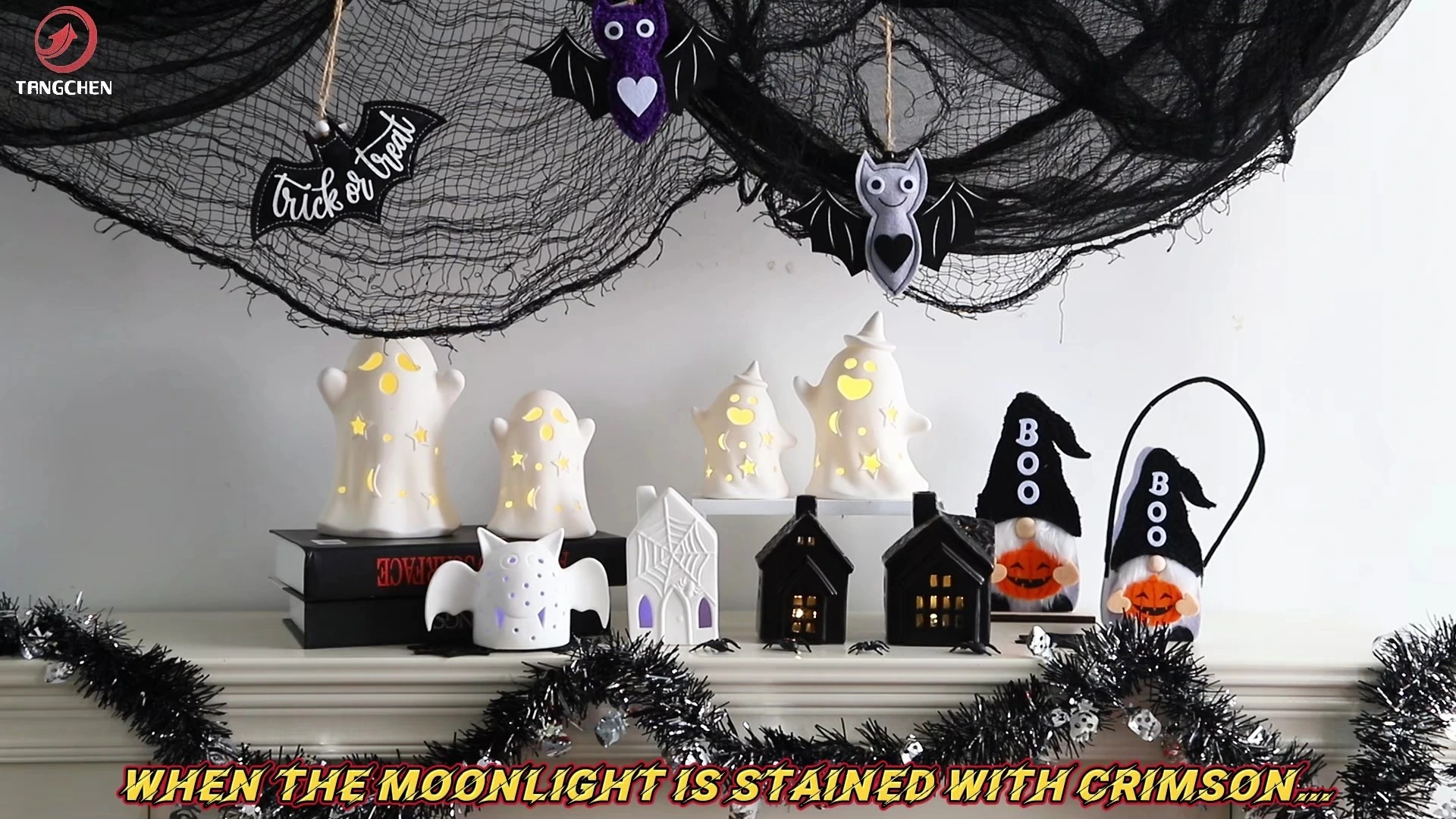 Small Ghost Statue with LED Light & Small Fabric Bat Hanging Decor- Unique Halloween Gift, Party Centerpiece 1