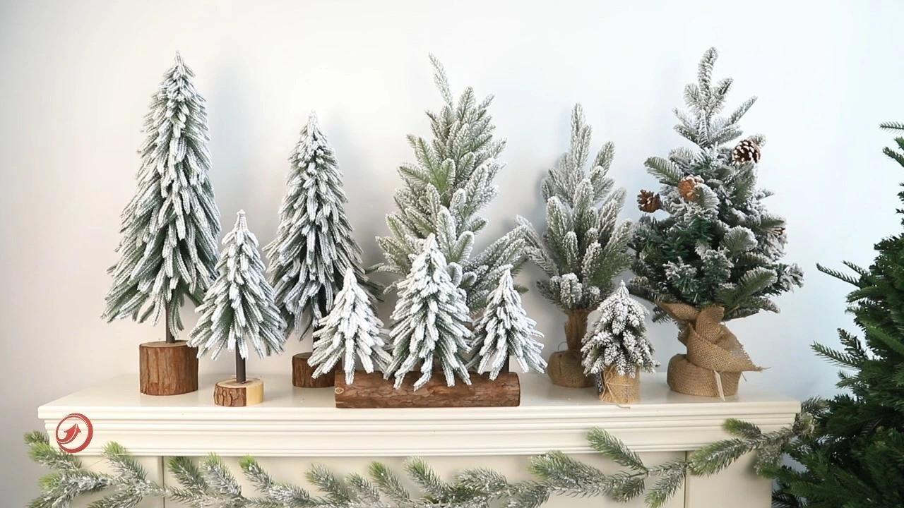 2 Small Christmas Tree with Wood Stand Flocked Snow Christmas Decoration Tabletop Centerpiece 1