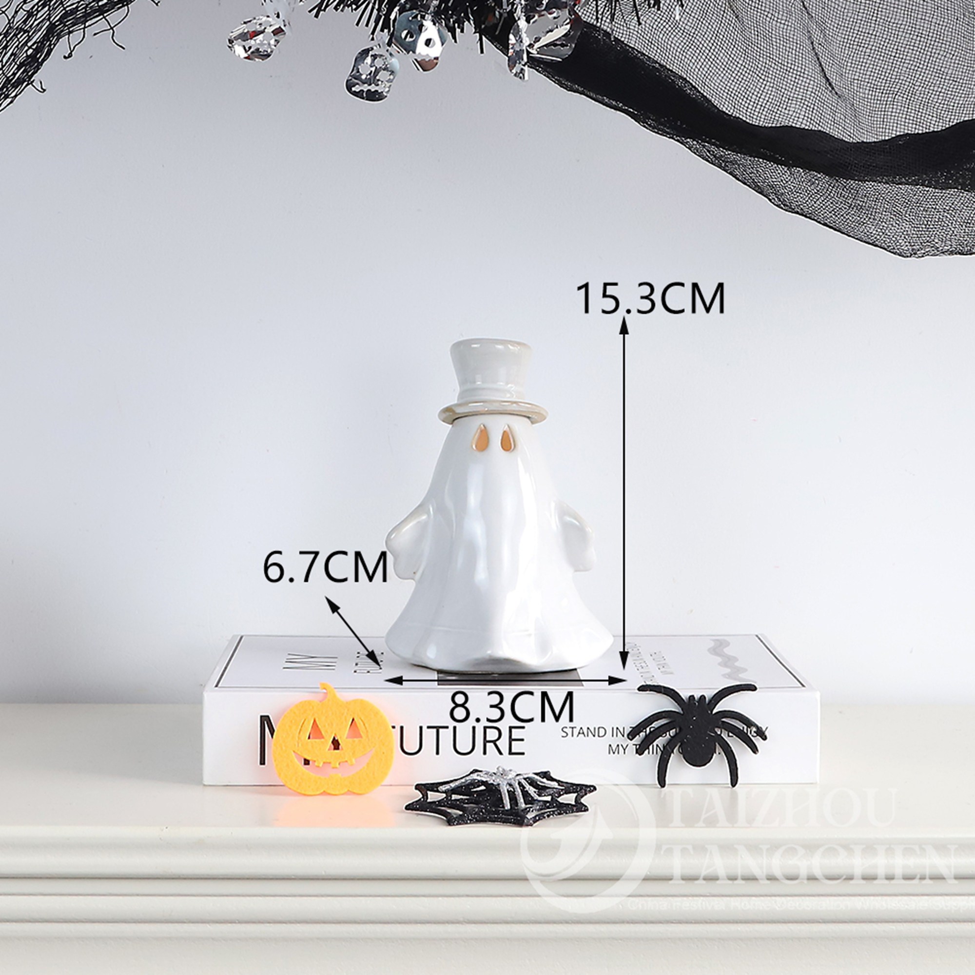 Set de decoración de Halloween: Almohada de peluche fantasma, calabazas de cerámica negra, luz LED fantasma, decoración de madera, decoración espeluznante para el hogar. 6