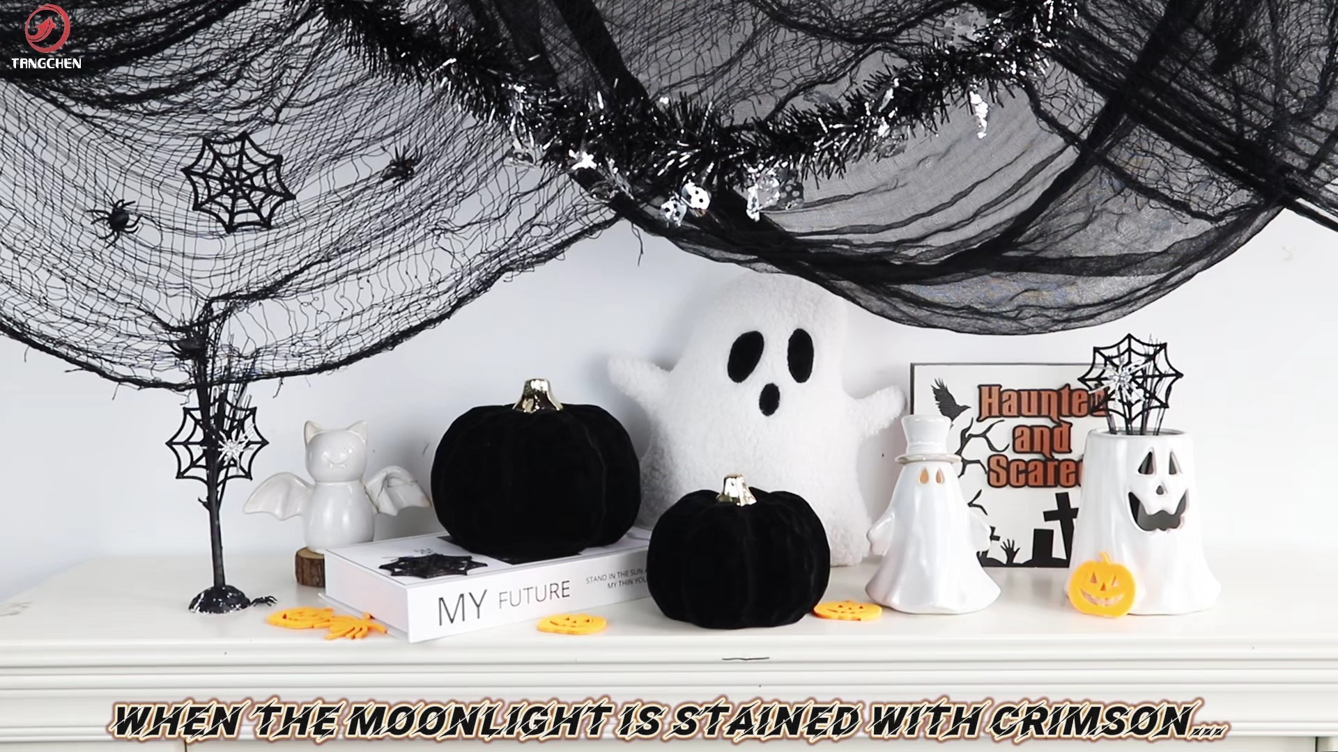 Set de decoración de Halloween: Almohada de peluche fantasma, calabazas de cerámica negra, luz LED fantasma, decoración de madera, decoración espeluznante para el hogar. 1