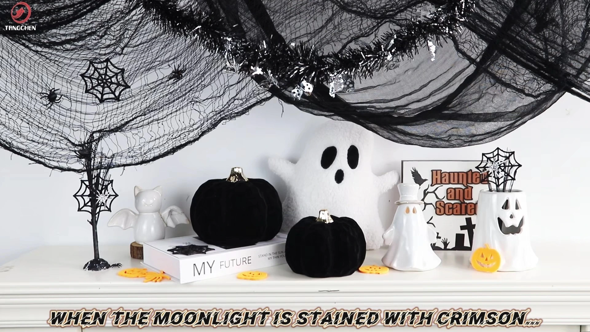 Halloween Decor Set – Ghost Plush Pillow, Black Ceramic Pumpkins, LED Ghost Light & Wood Decor – Spooky Home Decor 1