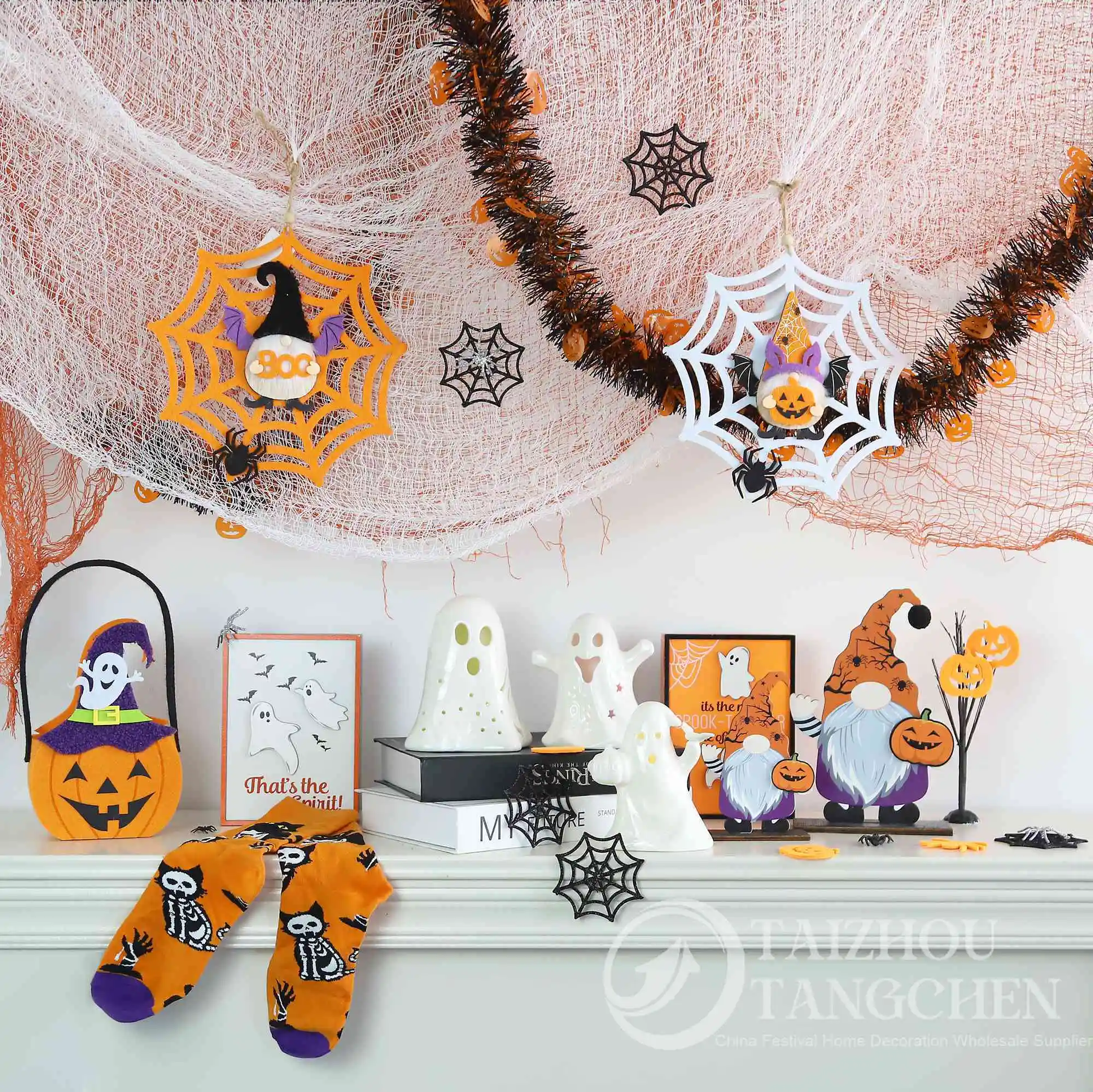 Family-friendly Halloween porch ideas-LED ceramic ghost statue Halloween decor & Felt pumpkin candy bag trick-or-treat 1