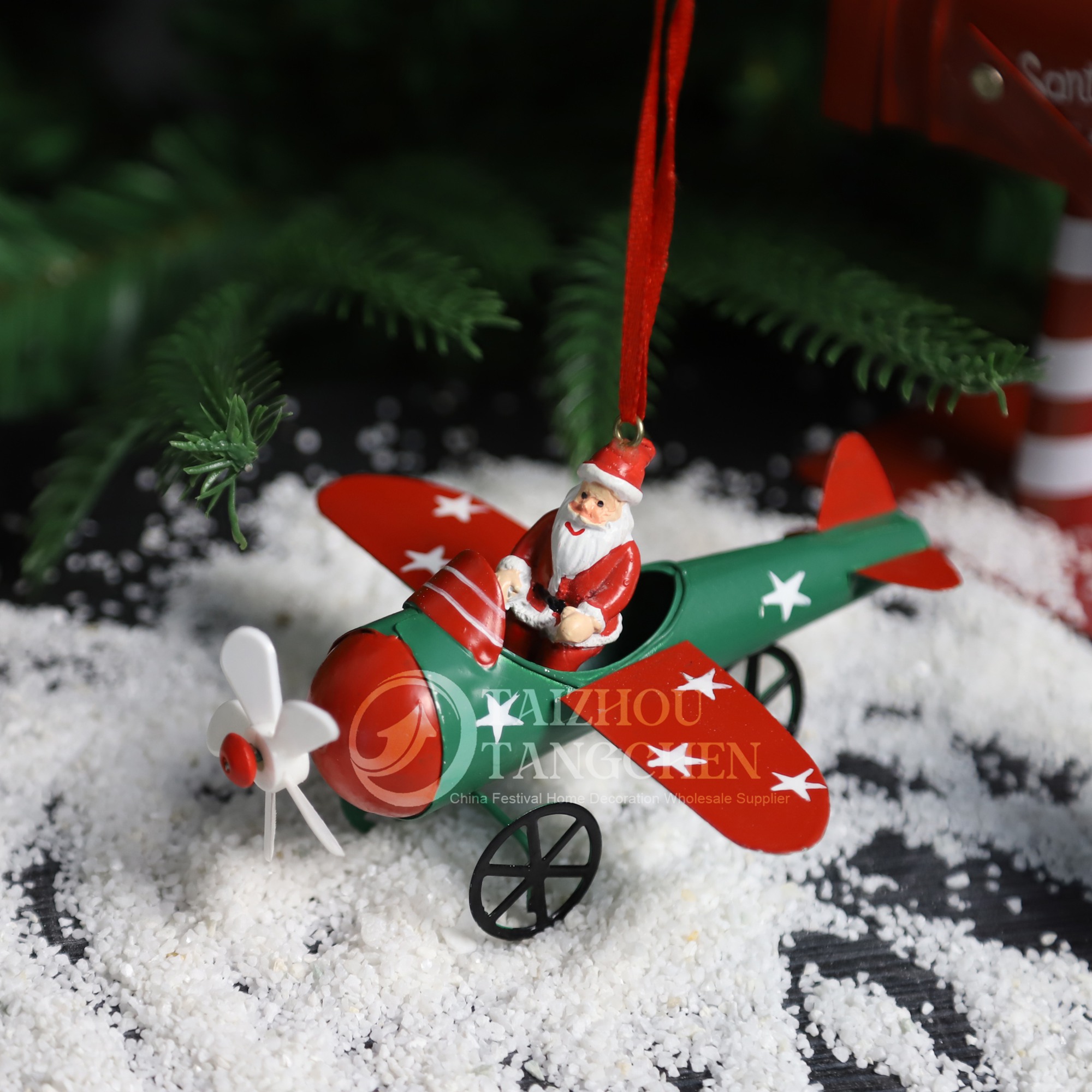 Lindo avión de Papá Noel de estilo antiguo, adorno colgante para árbol de Navidad, adorno colgante de hierro retro para Navidad, decoración para fiestas 6