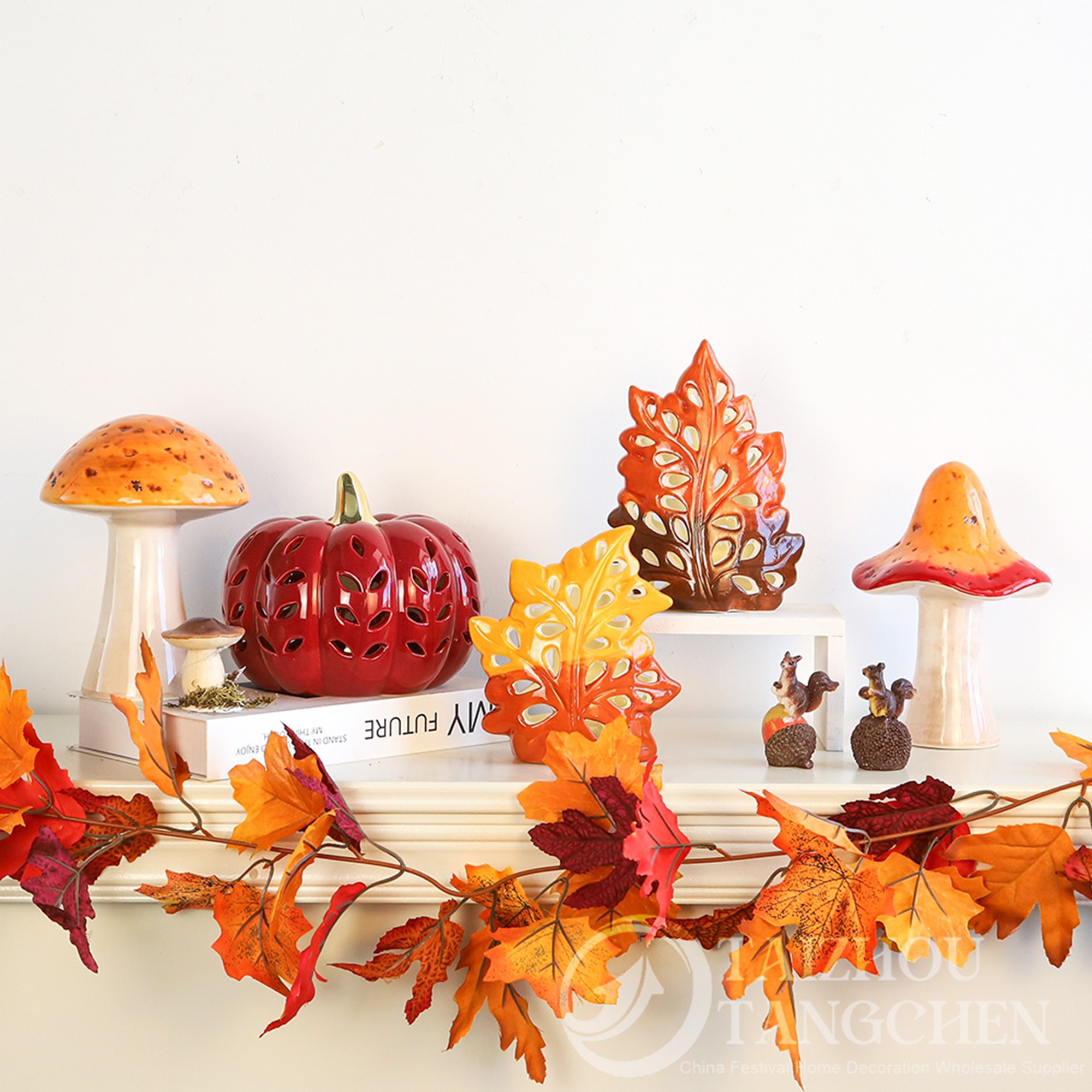 LED-Keramik-Kürbis- und Ahornblatt-Dekoration mit Pilzfiguren | Herbstliche Tischdekoration für Zuhause und Thanksgiving 2