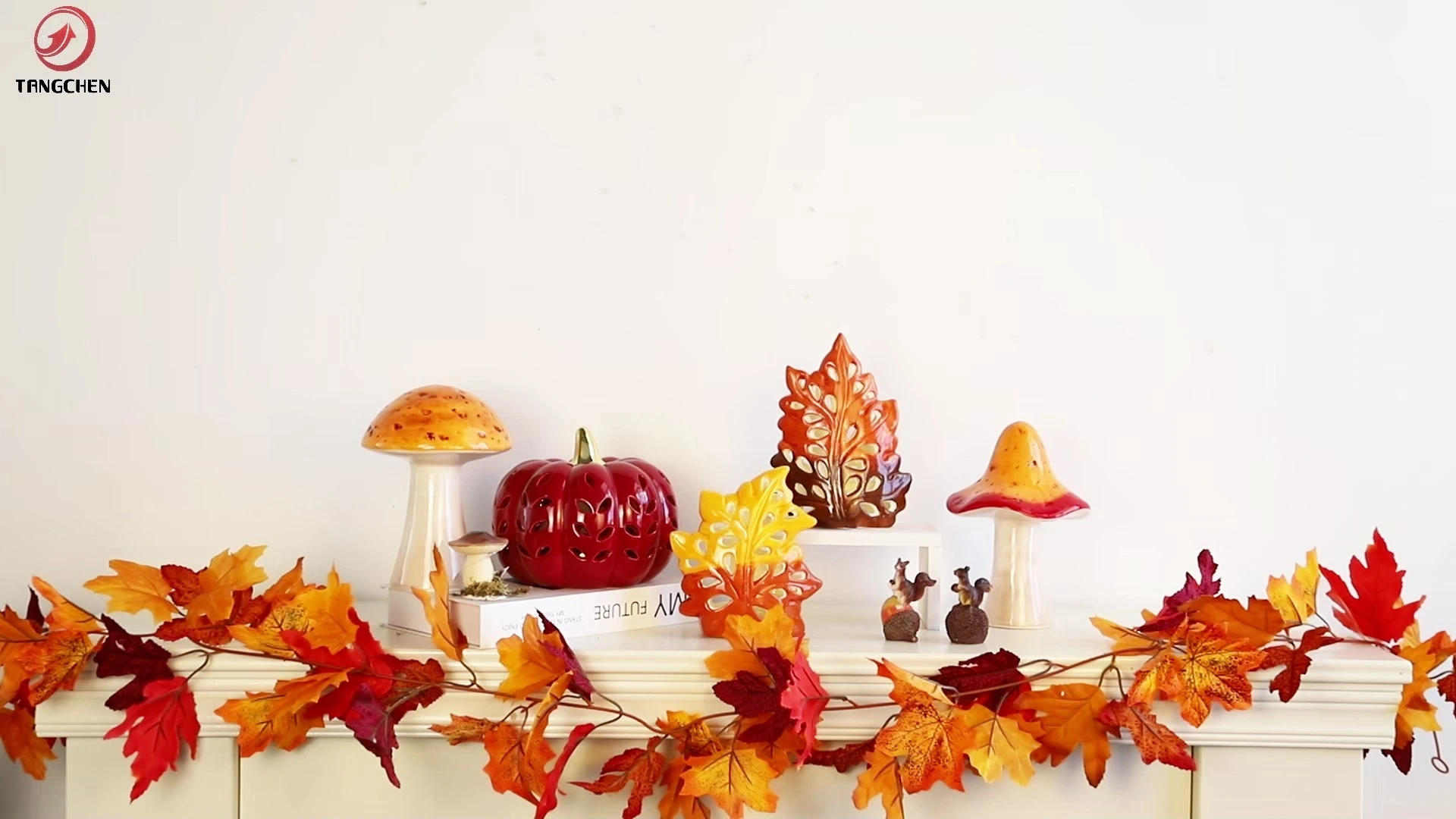 LED Ceramic Pumpkin & Maple Leaf Decor with Mushroom Figurines | Fall Harvest Tabletop Ornaments for Home & Thanksgiving 1