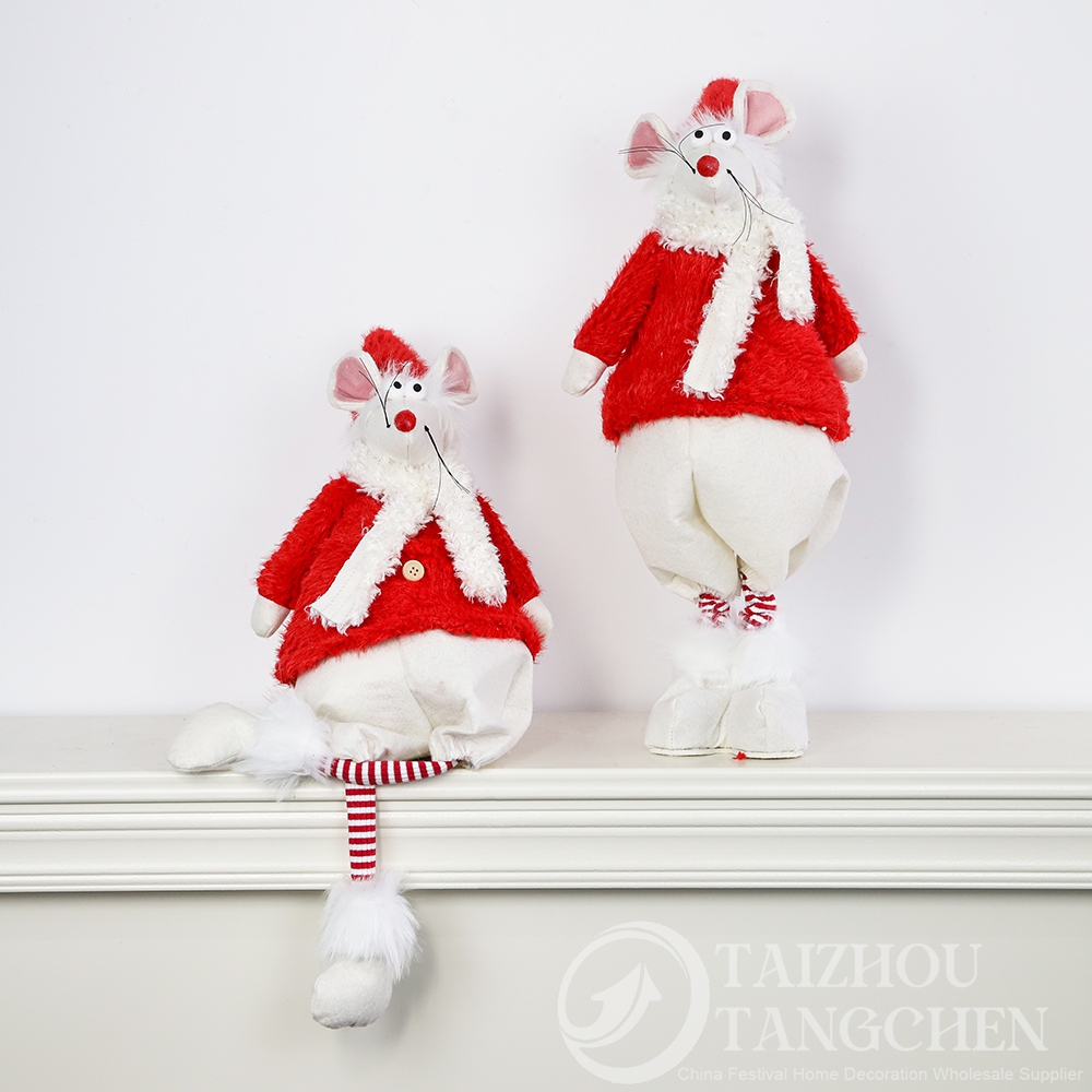 Juego de figuras de ratón navideño con miniárboles de Navidad de tela roja y blanca y adornos de bastones de caramelo: adorables adornos navideños para la decoración del hogar. 8