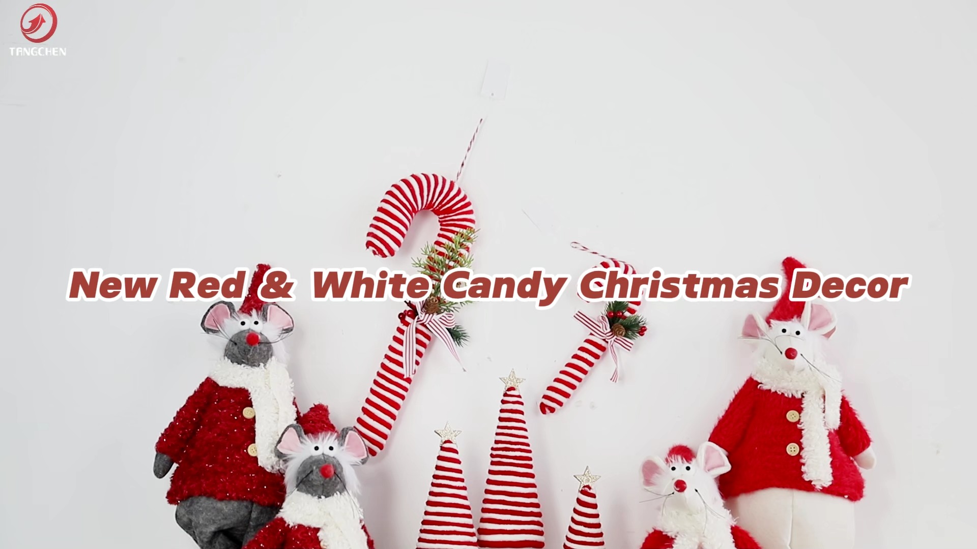 Christmas Mouse Figurine Set with Mini Red & White Fabric Christmas Trees and Candy Cane Ornaments – Cute Holiday Shelf Sitters for Home Décor