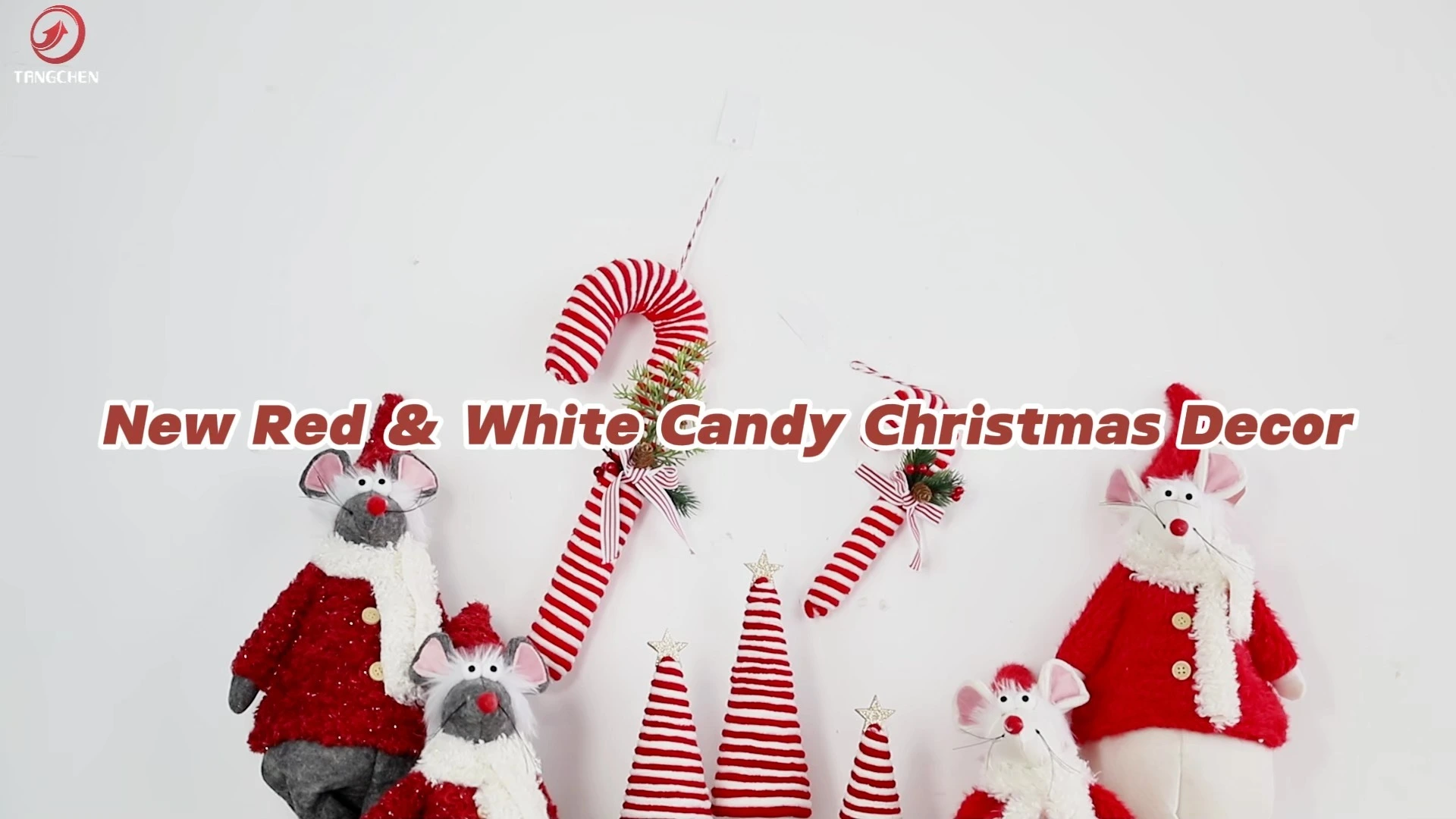 Juego de figuras de ratón navideño con miniárboles de Navidad de tela roja y blanca y adornos de bastones de caramelo: adorables adornos navideños para la decoración del hogar. 1
