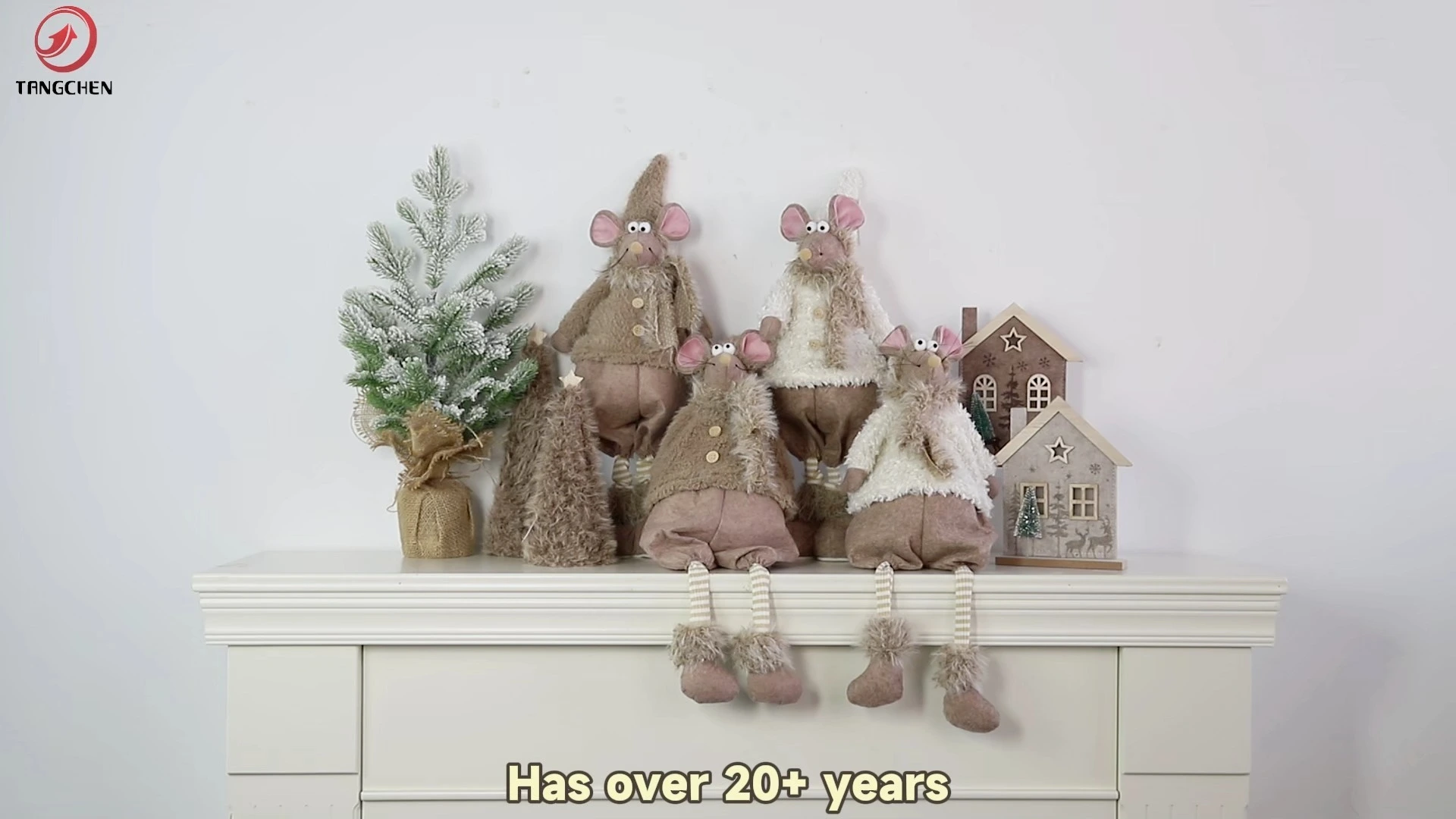 Nordic Christmas Tabletop Decor Set – Fuzzy Cone Trees, Long-Leg Plush Mouse Shelf Sitters & LED Lighted Wooden House Village Decorations 1