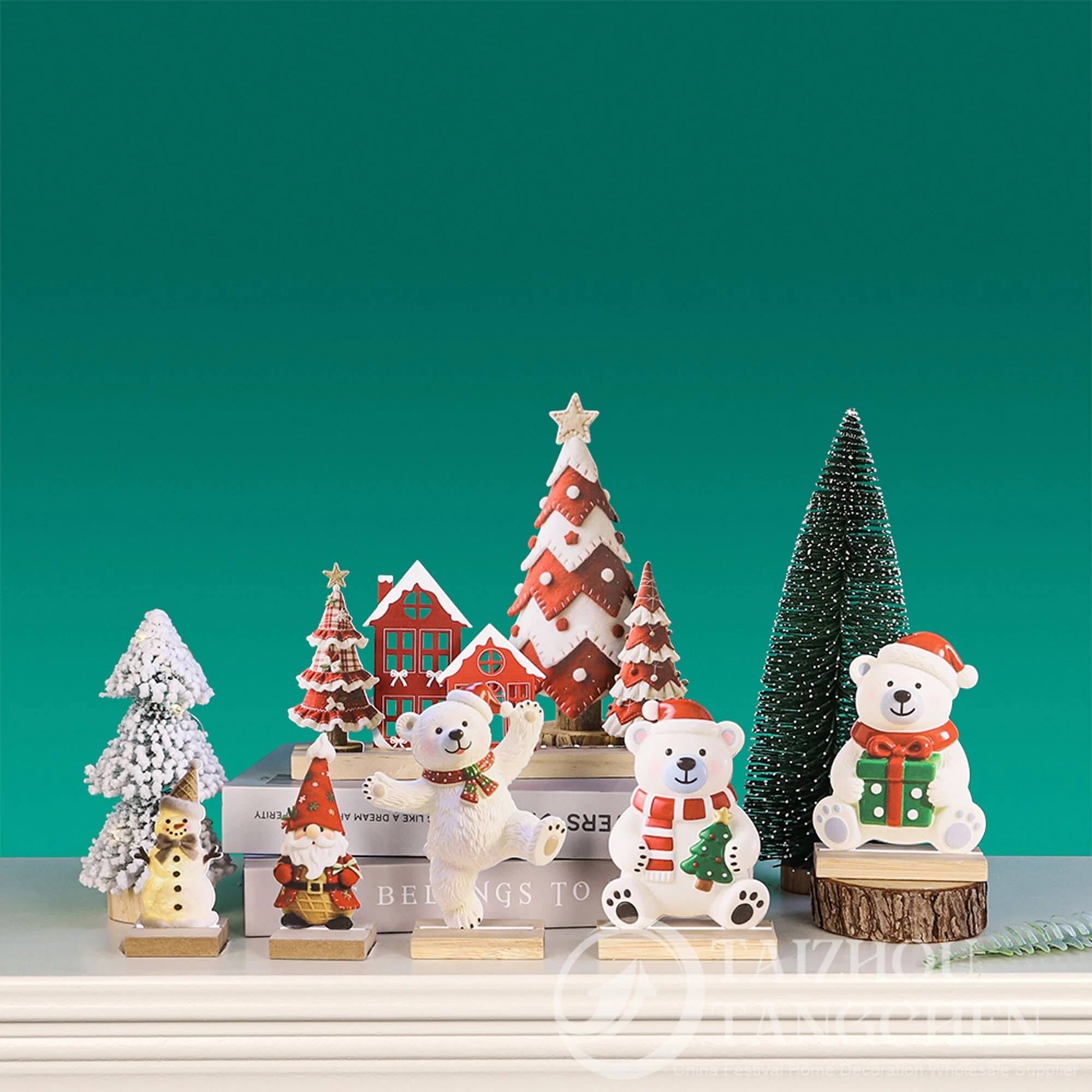 Metal Christmas Tabletop Decorations Set – Iron Polar Bear Figurines, Mini Christmas Trees & Village House Holiday Desk Decor 1