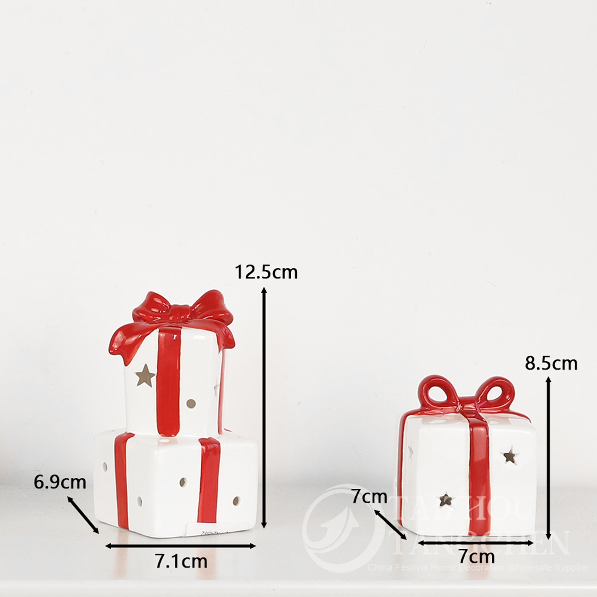 Christmas Lighted Gift Boxes - Ceramic Presents Christmas Boxes Lane Red & White LED Present Ornament 8