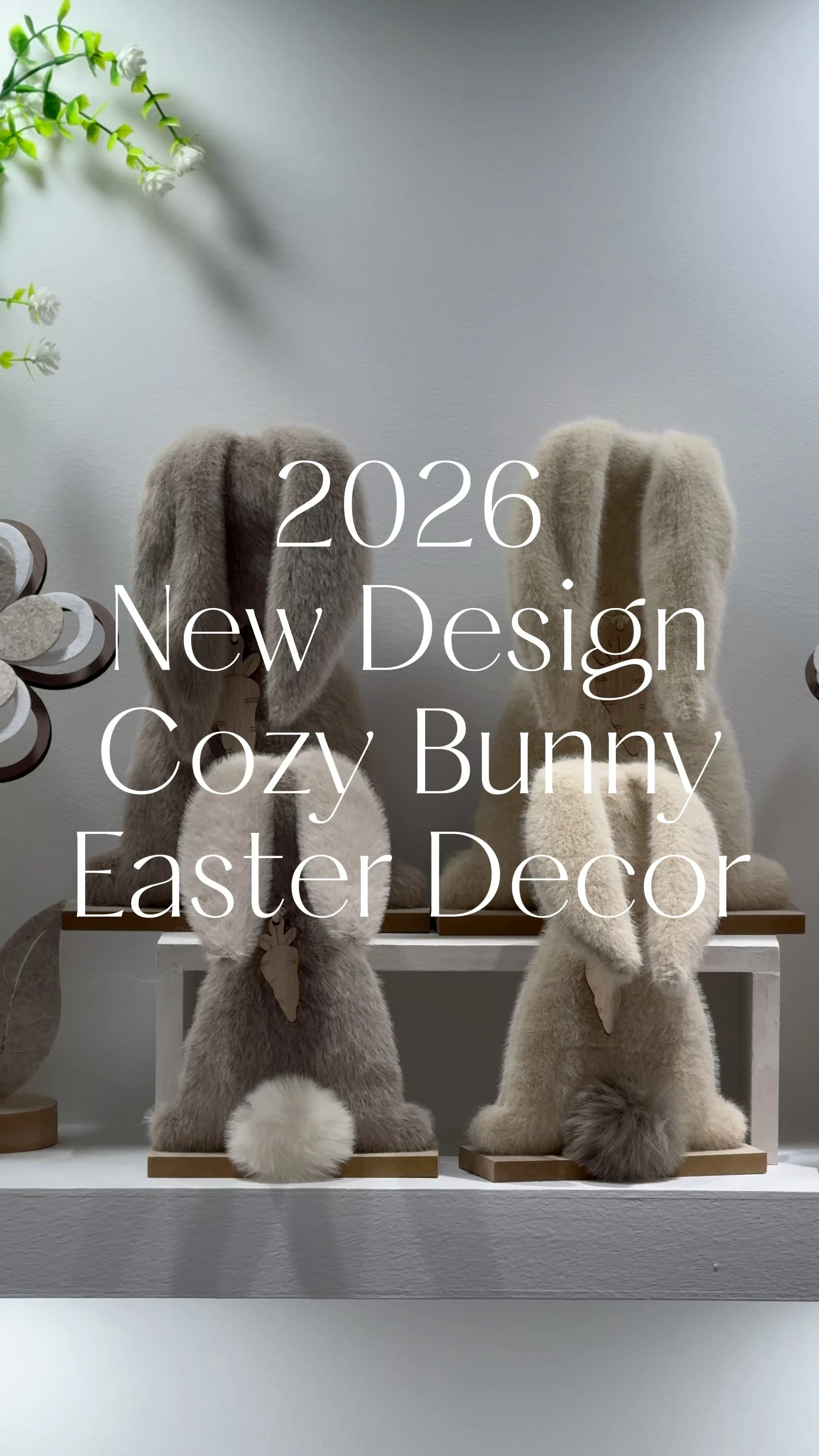 Soft Plush Bunny Ornament Long Ear Rabbit Statue Rustic Wooden Flower Design Indoor Living Room Desktop Home Decoration 1