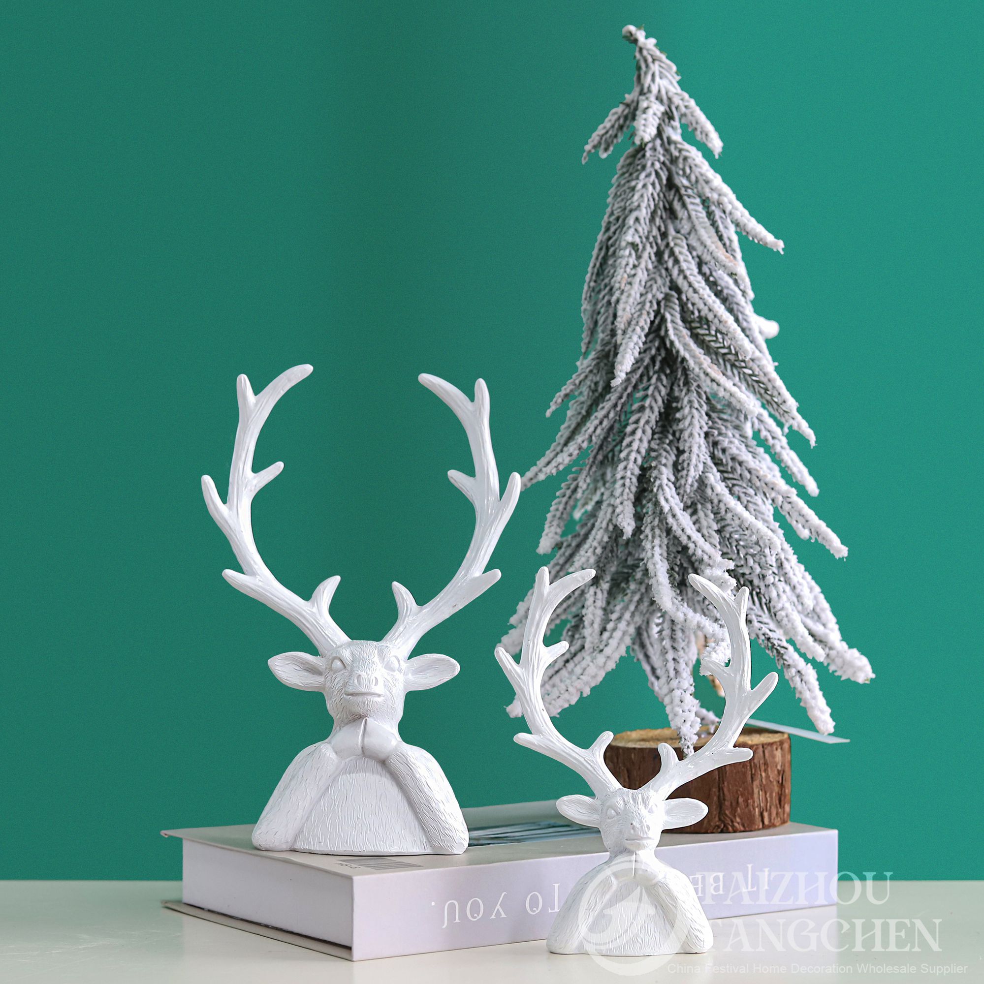 Nordic White Striped Tiered Mini Christmas Tree Resin Deer Head Bust Figurines Vintage Rustic Winter Table Centerpiece Decor 5