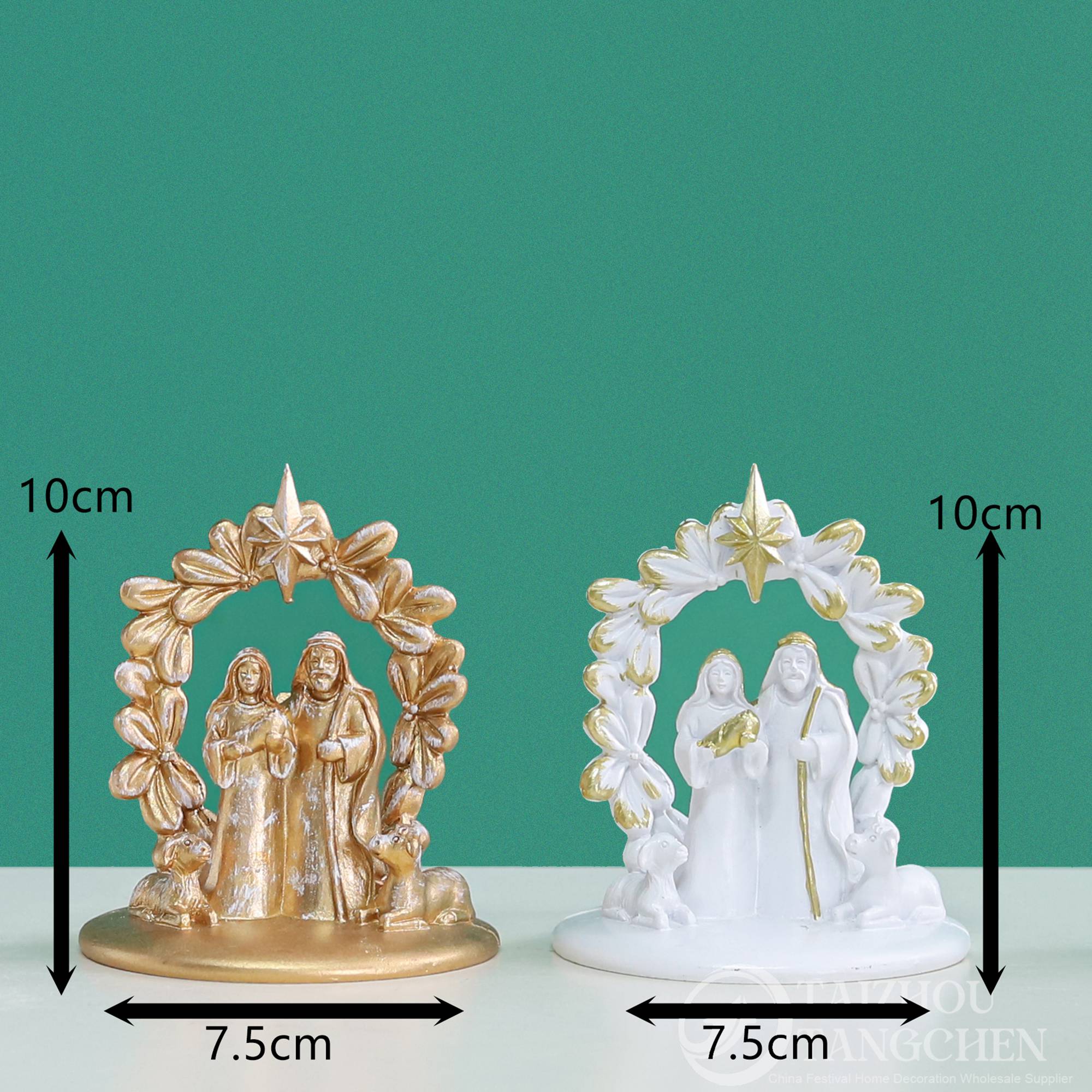 Weihnachtskrippe aus Kunstharz mit Mini-Weihnachtsbäumen, Vintage-Gold-Weiß, Tischdekoration, religiöse Weihnachtsdeko 8