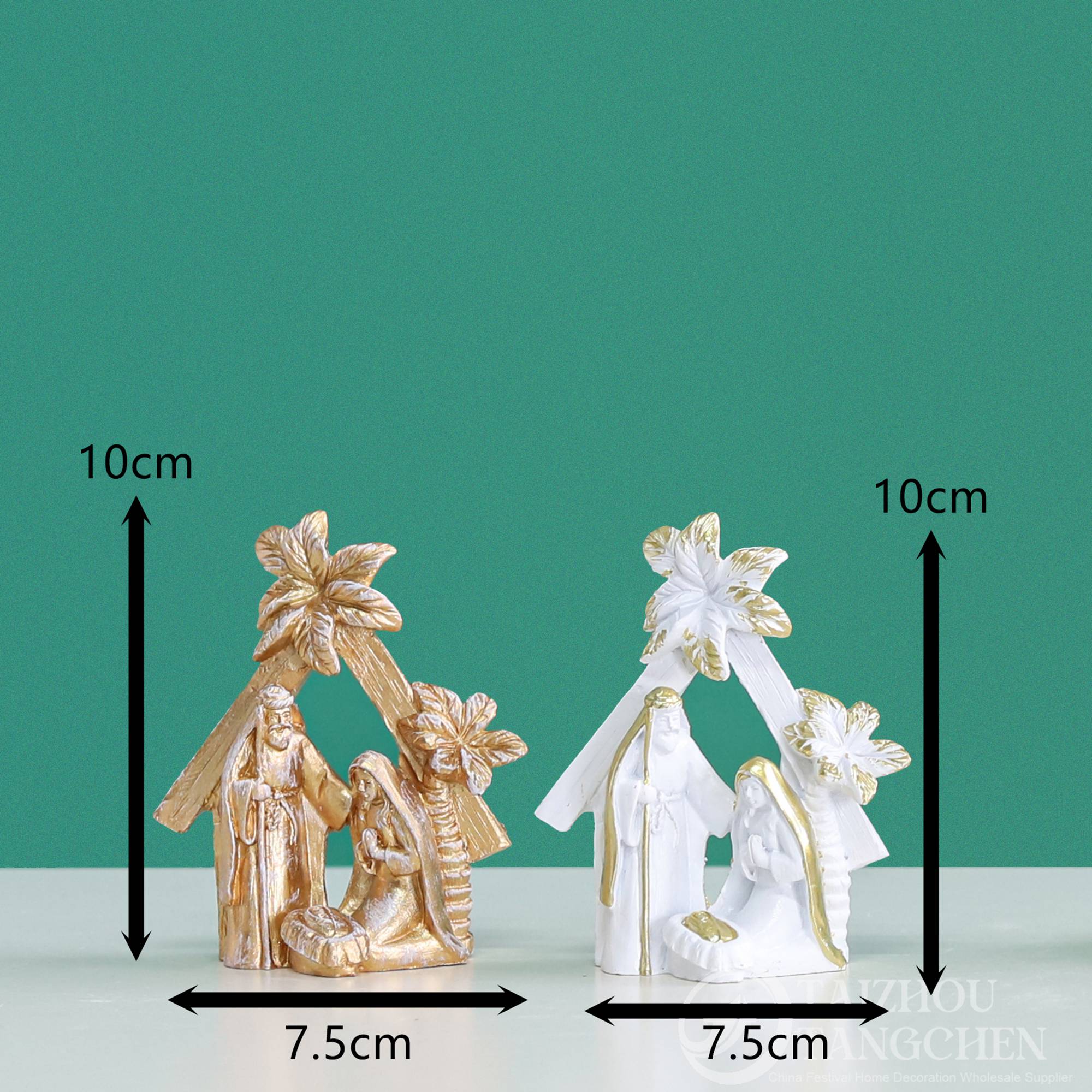 Weihnachtskrippe aus Kunstharz mit Mini-Weihnachtsbäumen, Vintage-Gold-Weiß, Tischdekoration, religiöse Weihnachtsdeko 7