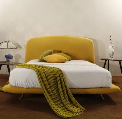 MB3346 Wooden King Full Size Upholstered Bed Frame With Headboard Bright Yellow 1