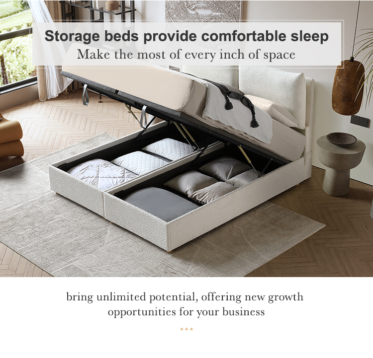 MB3682ZT Beige Gas Lift Up Storage Platform Box Bed Frame Upholstered Queen Size Beds with Tufted Headboard 9