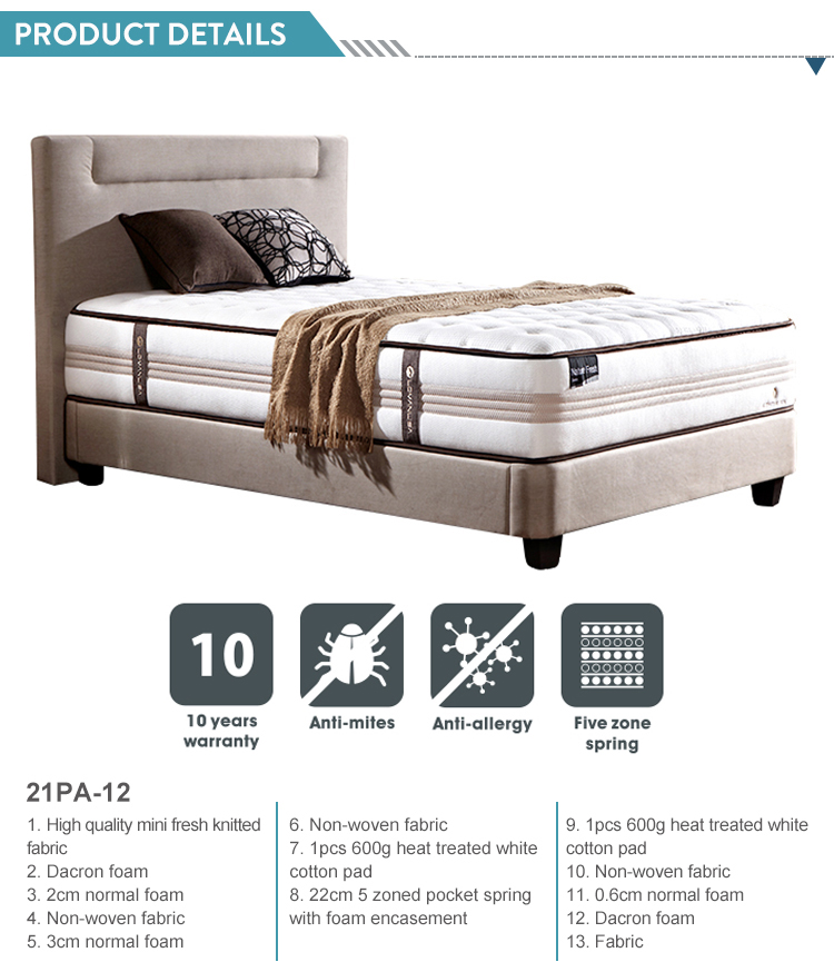 21PA-12 Hypo-allergenic mattress manufacturer luxury king queen size hotel bed pocket spring mattress in a box products 18