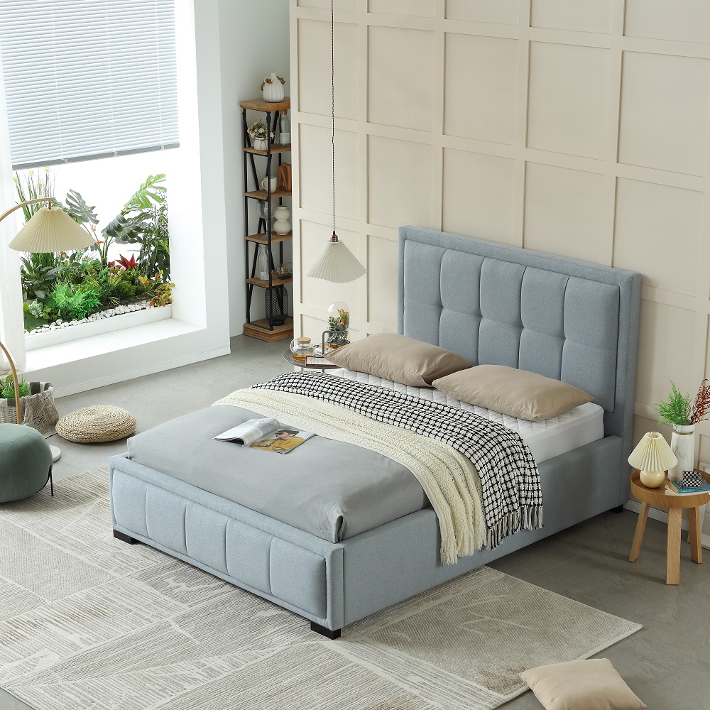Quality MB3610ZT Wholesale modern tufted bed queen size blue headboard Upholstered Linen Platform Bed Frame Manufacturer 8