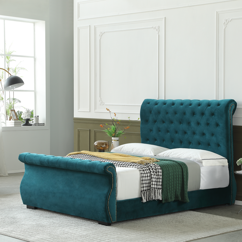 MB3566ZT Luxury Button Design Velvet Fabric upholstered Castello Bed for middle high end market 8