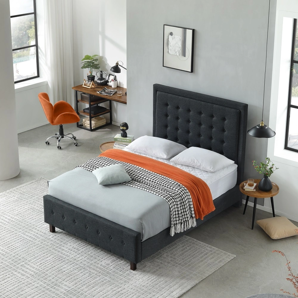 JLH Mattress - Luxury Cotton Fabric upholstered bed Button Design with footboard Dark Grey MB3502ZT 1