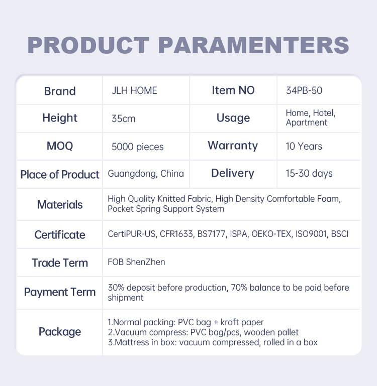 34PB-50 Customized Inch Queen Pocket Spring Mattress for Back Pain Made in China Bed Mattresses in a Box- JLH Mattress 16