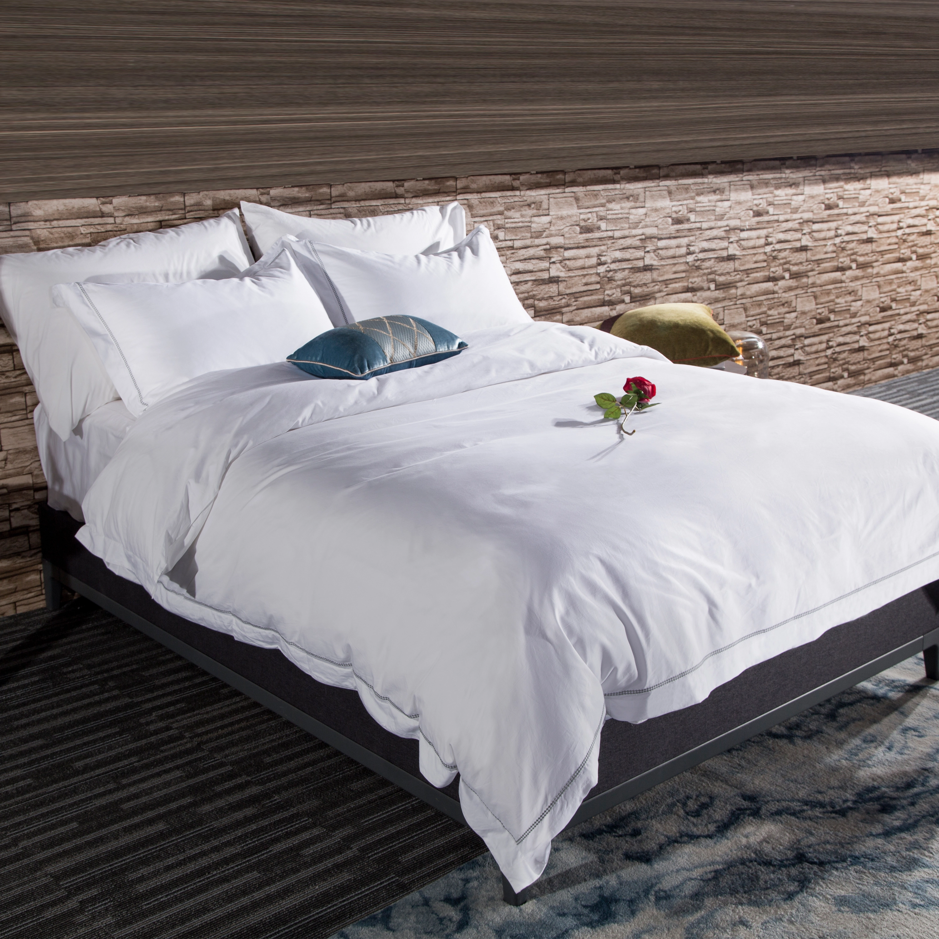 JLH Plain White 6080S Pure Cotton black Piping trim Hotel Bedroom Bedding Sheet Set 1