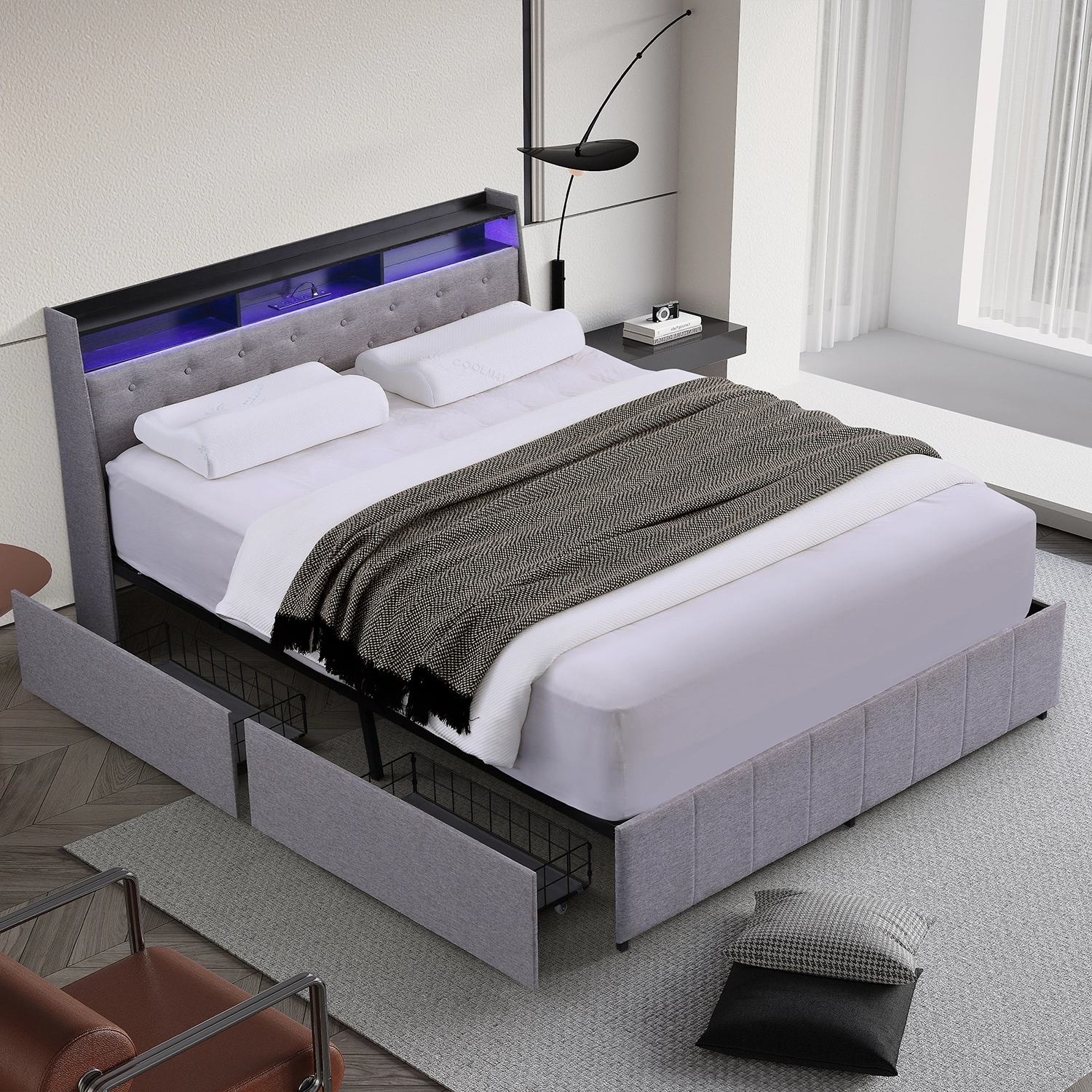 MB3696ZT MAYOR MAYOR King Queen Bed de cama de doble tamaño Camino de almacenamiento tapizado con 4 cajones elegantes - JLH Inicio 1