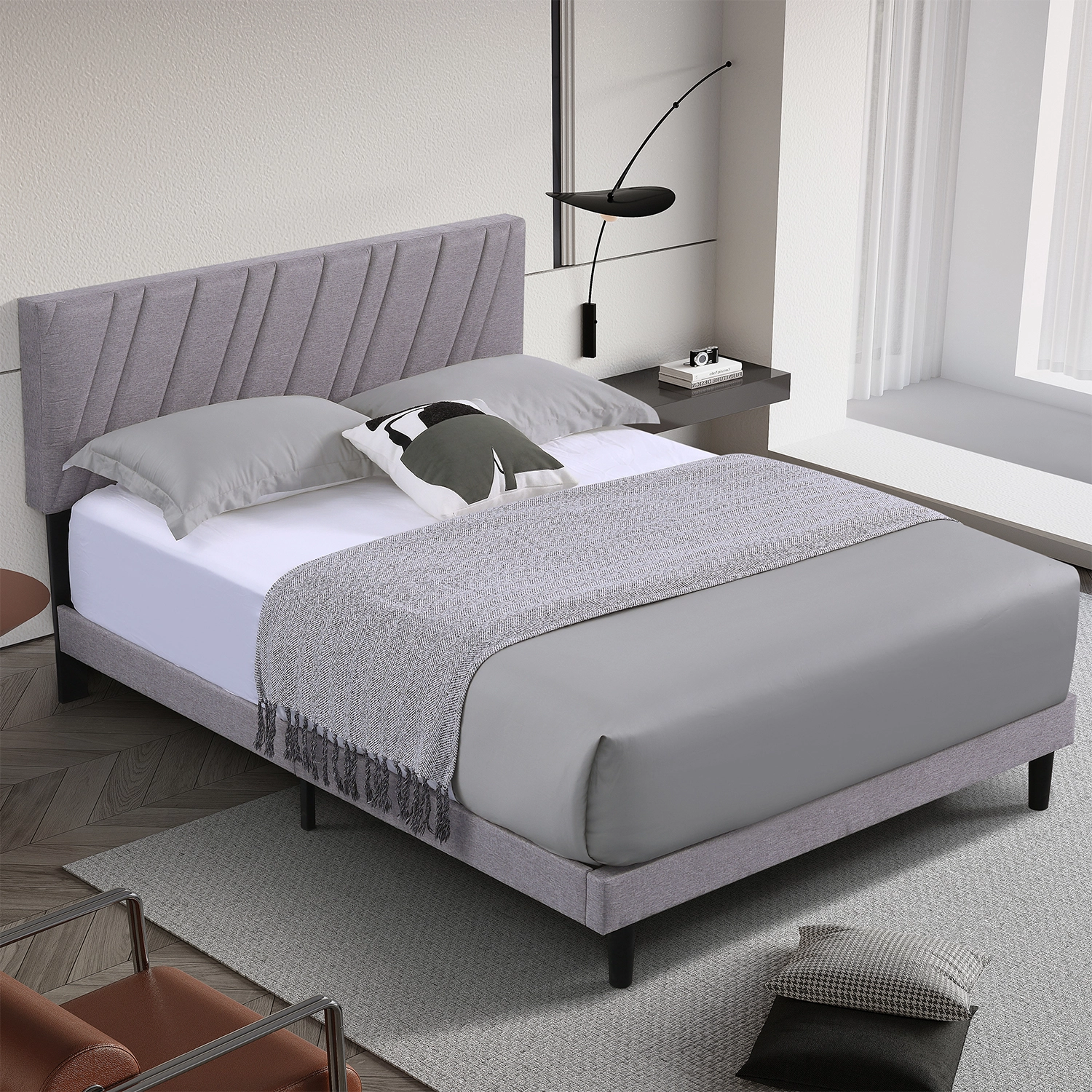 MB3701ZT Modern Simple Style Bedroom Furniture Set Double Size Wood Frame Fabric Upholstery Soft Bed Quickly Installed 1