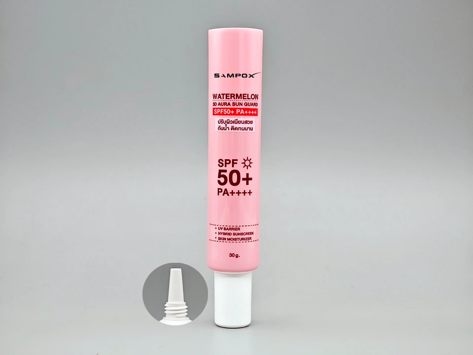 Sunscreen Tube Pearlescent Pink Glossy with Nozzle Tip and Screw Cap 1