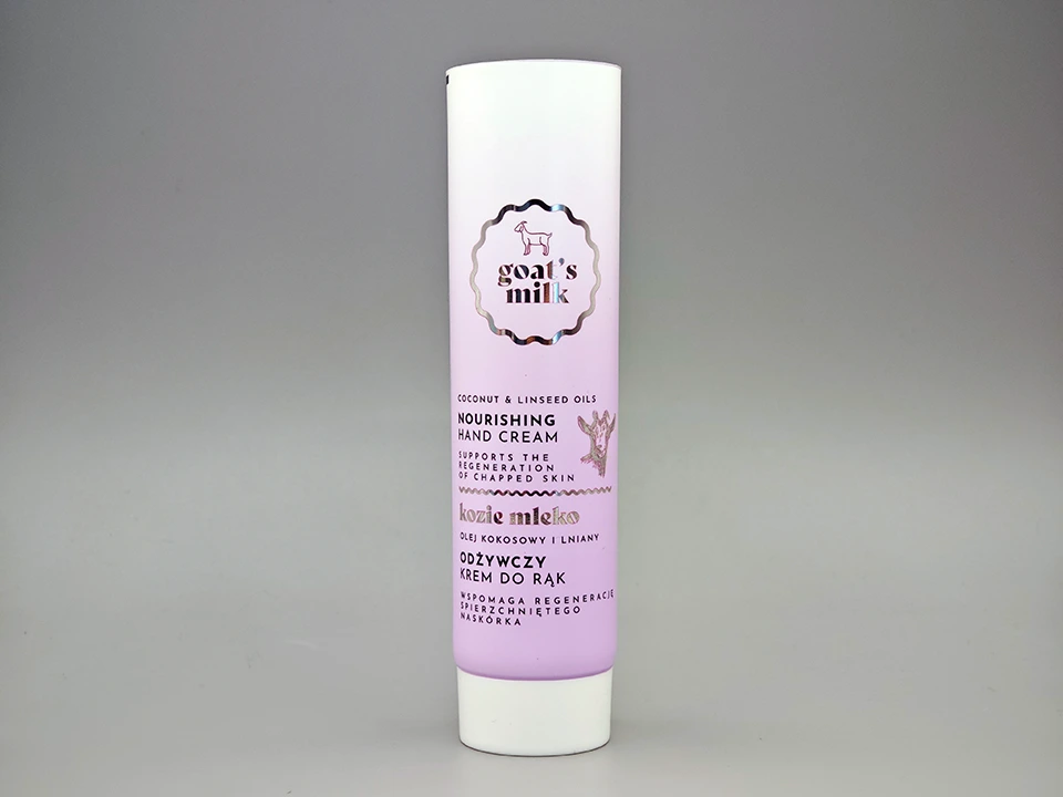 Tube de crème pour les mains violet, impression offset argentée, bouchon à vis blanc 1