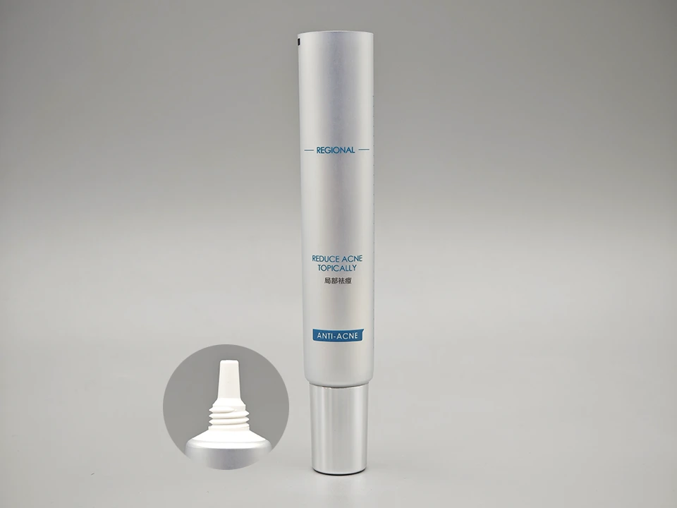 Aluminum Plastic Serum Lotion Tube Silver Matte Nozzle Cap Sheet Packaging 1