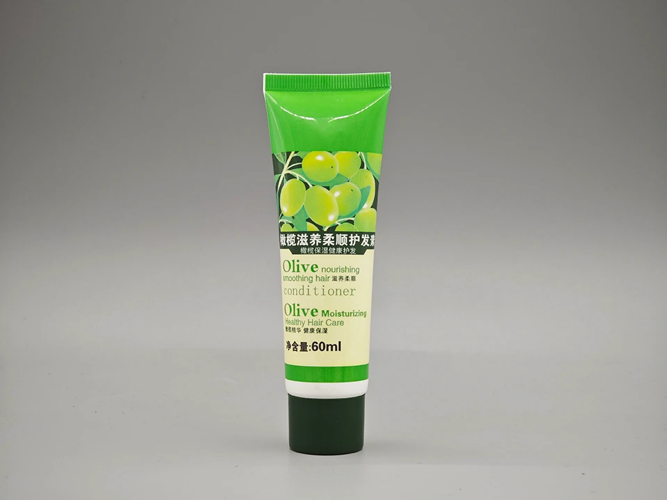 Acondicionador cosmético en tubo flexible de 60 ml, diámetro 30 mm, tapa verde con estampado de oliva 1