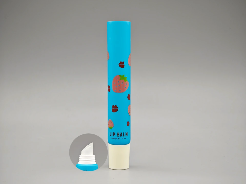 Lip Balm Tube PE Blue Strawberry Print Tip Yellow Cap D19mm 5-25ml 1