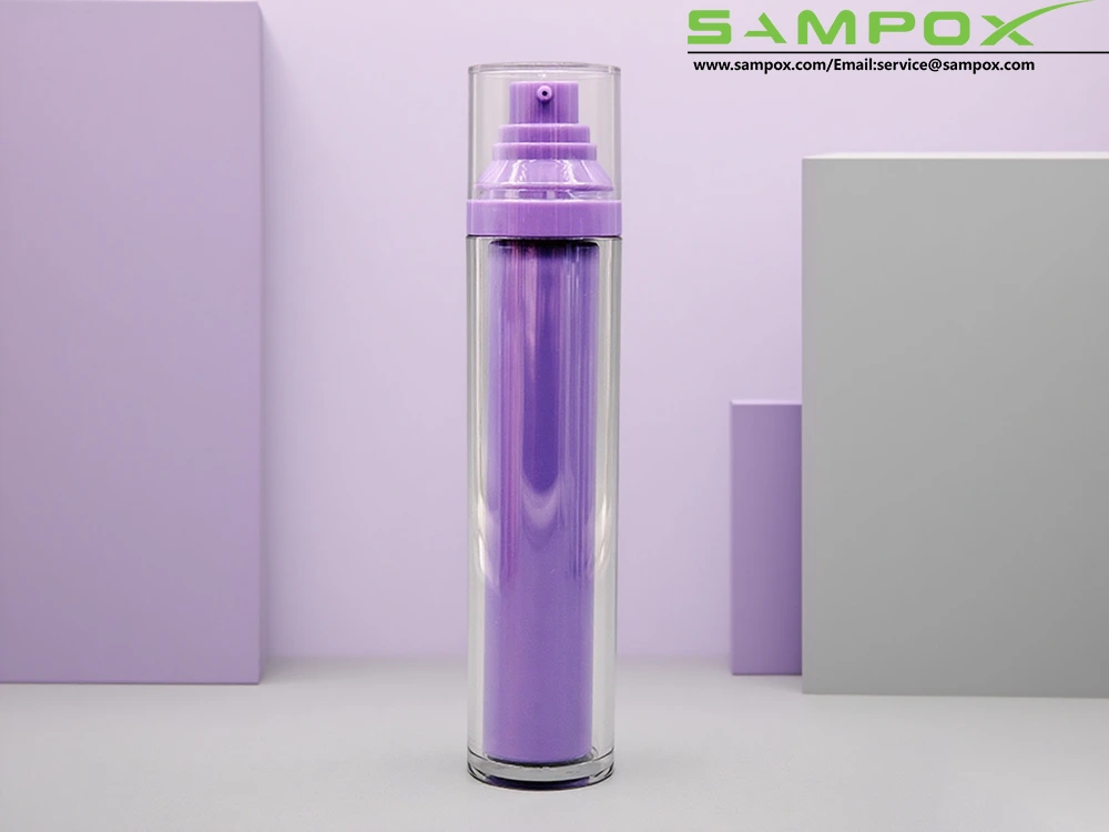 ขวดโลชั่น PET สองชั้นสีม่วงและใสพร้อมหัวปั๊มสีม่วง ขนาด D40 มม. 1