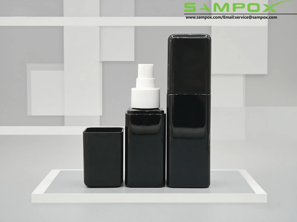 ขวดสเปรย์ PET ทรงสี่เหลี่ยมพร้อมหัวปั๊มสีขาวและฝาสีดำ 39 มม. 1