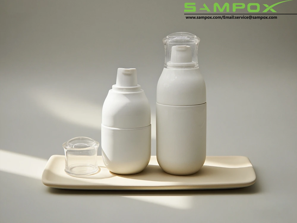 ขวดโลชั่น PET สีขาวพร้อมหัวปั๊มสีขาวและฝาใส 45 มม. 1