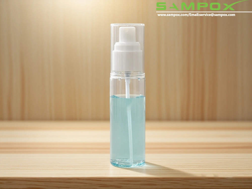 ขวดสเปรย์ PET ใสพร้อมปั๊มสเปรย์สีขาวและฝาใส 34 มม. 1