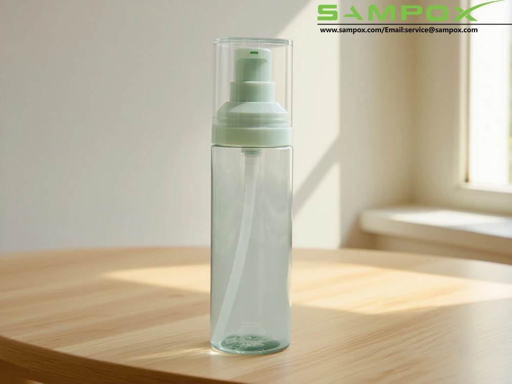 ขวดโลชั่น PET สีเขียวใสพร้อมปั๊มสีเขียวและฝาใส 34 มม. 1